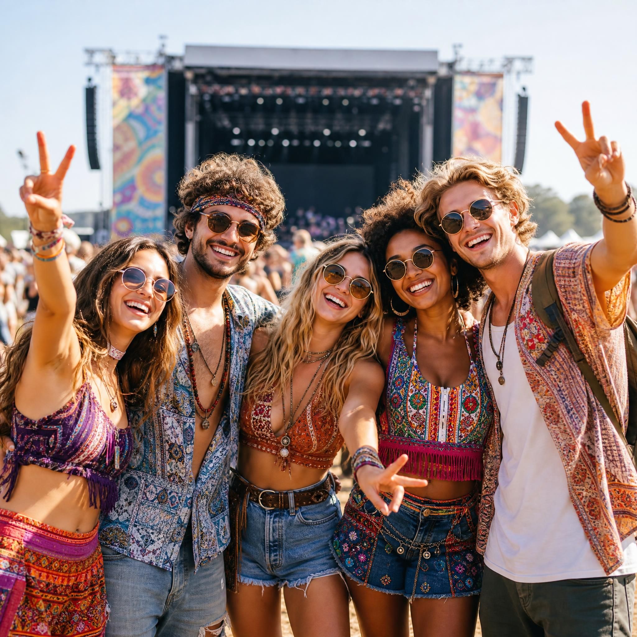 Groupe de jeunes en tenues festival colorées et bohèmes devant une scène de concert en plein air, été 2026