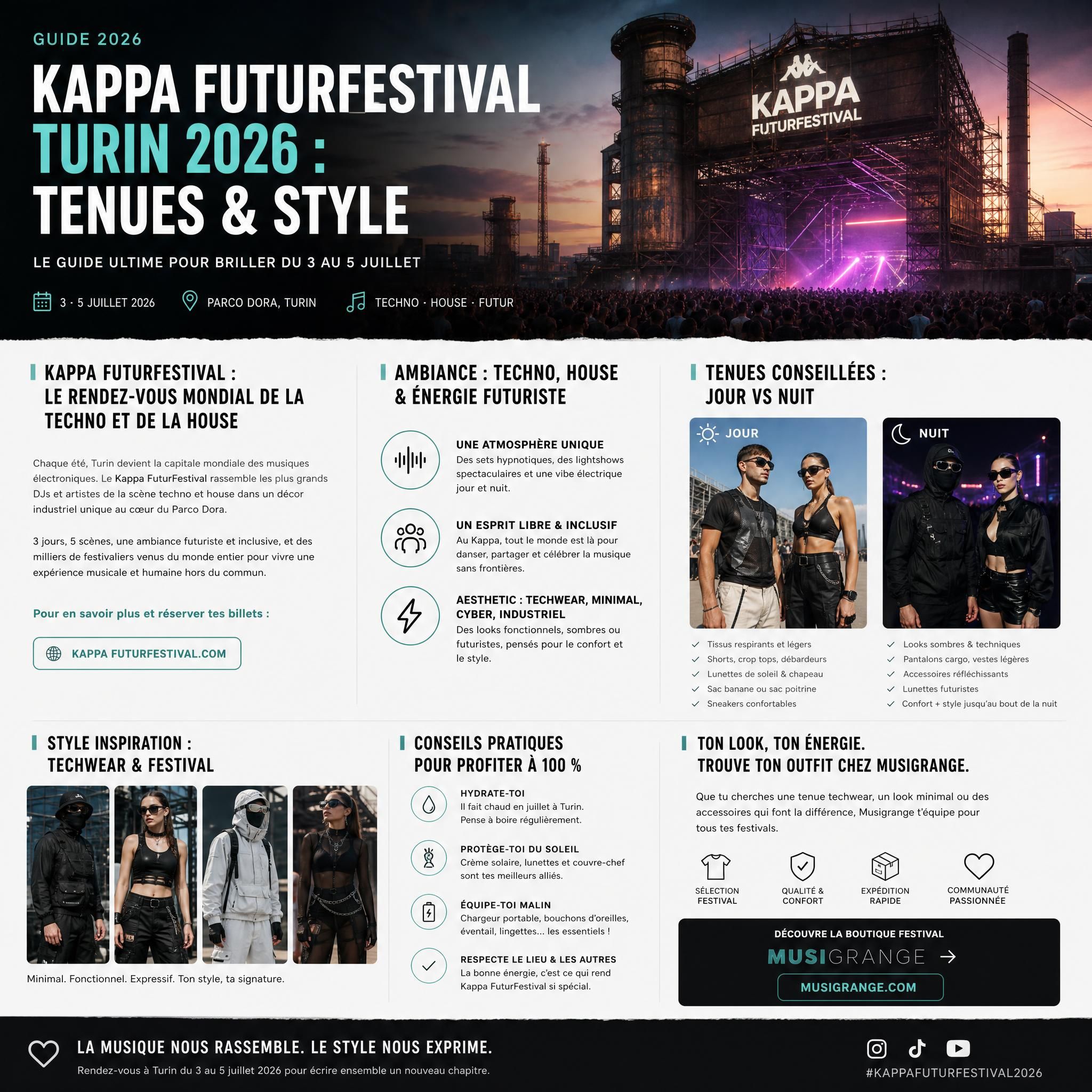 Tenue festival techno nuit - look techwear noir cargo pants veste technique lumières scène Kappa FuturFestival