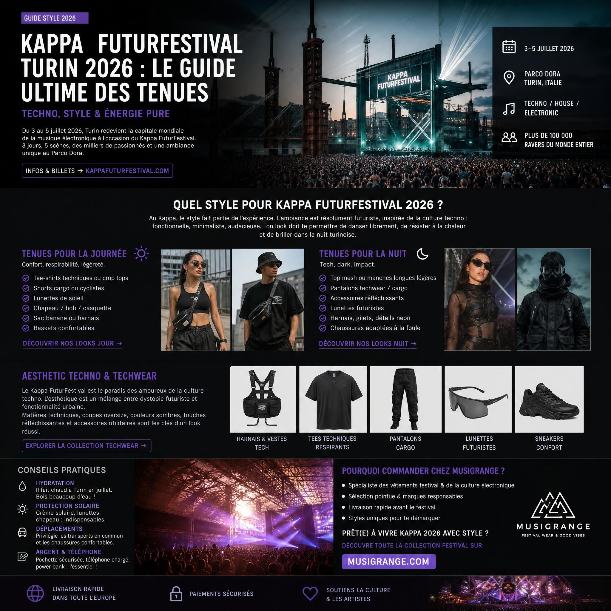 Tenue techno techwear festival Kappa FuturFestival Turin 2026 - cargo pants, oversized tee noir, sneakers