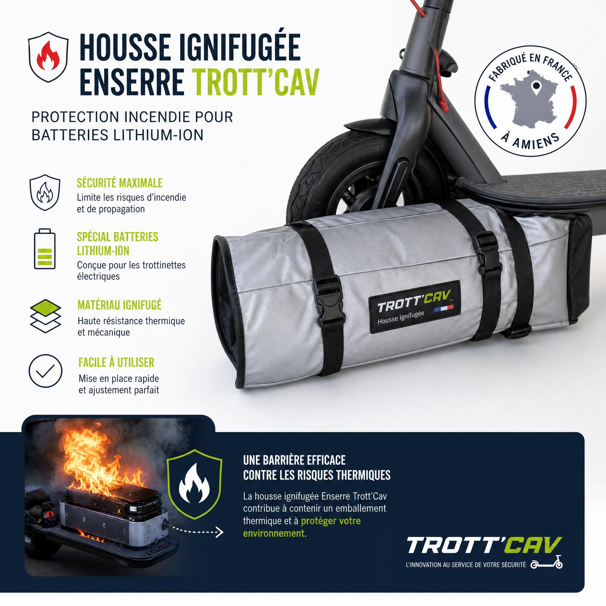 Housse ignifugée Enserre Trott'Cav pour trottinette électrique, protection incendie batterie lithium-ion, fabriquée en France à Amiens