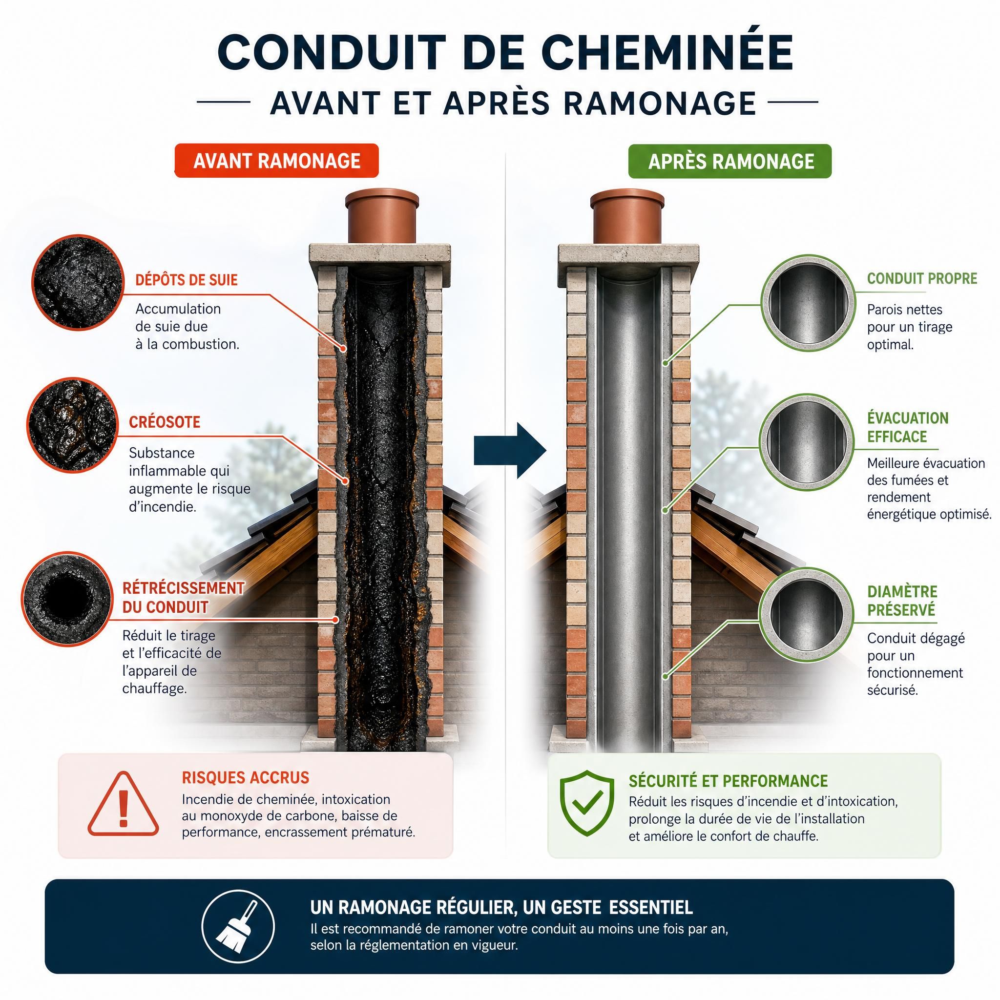 Schéma illustrant un conduit de cheminée avec dépôts de suie et créosote avant et après ramonage