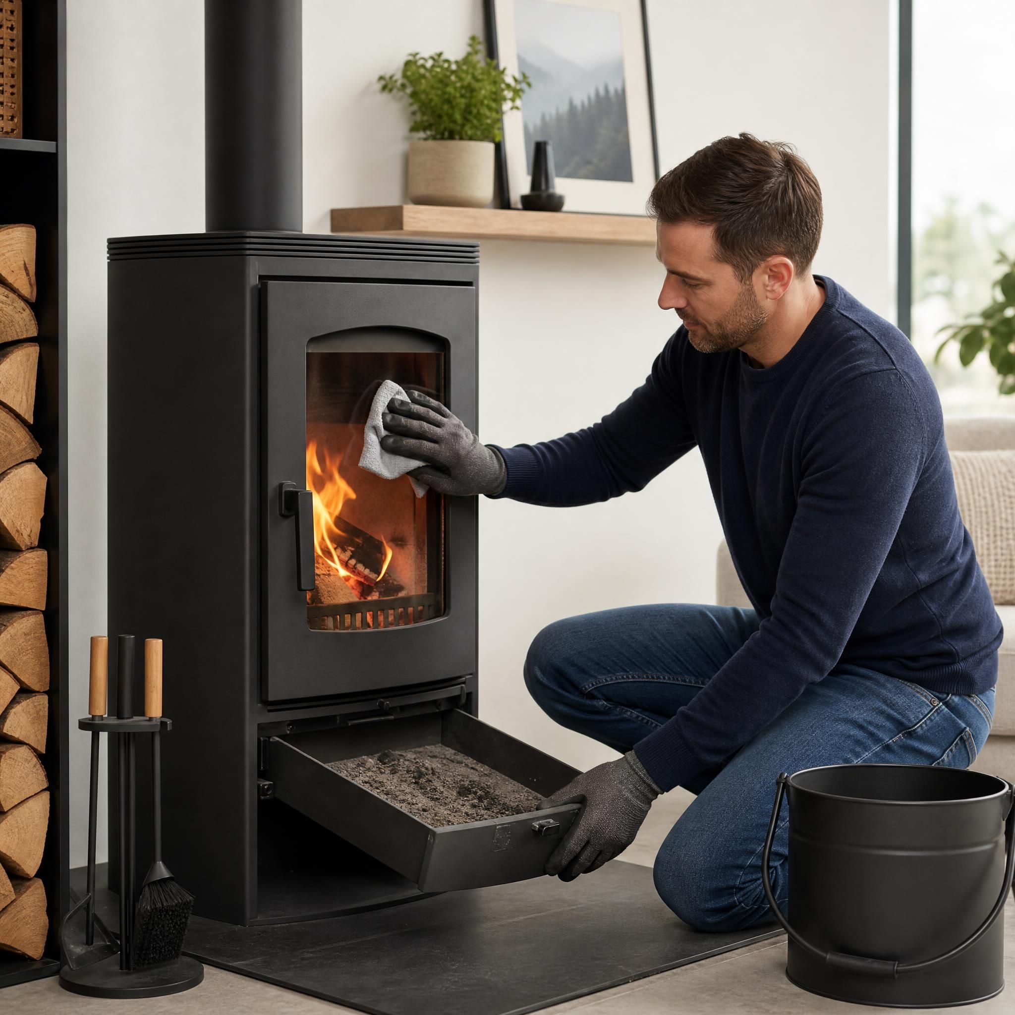 Propriétaire entretenant son poêle à bois en nettoyant la vitre et vidant le cendrier