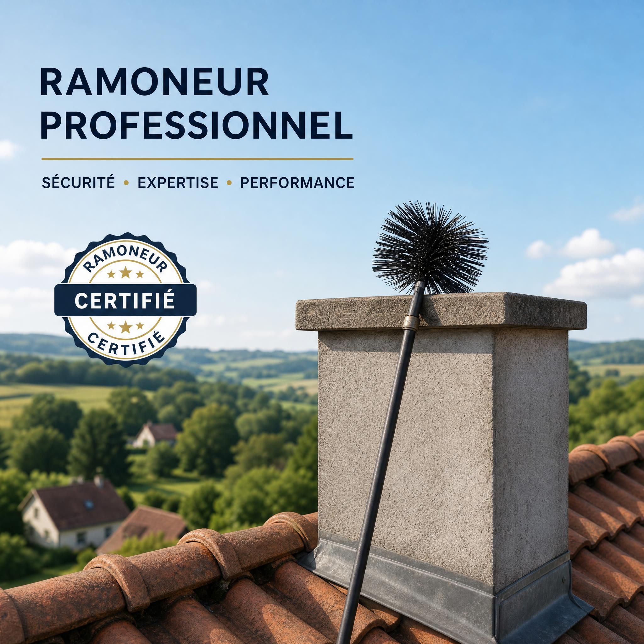 Ramoneur professionnel certifié en train de ramoner un conduit de cheminée sur un toit de maison