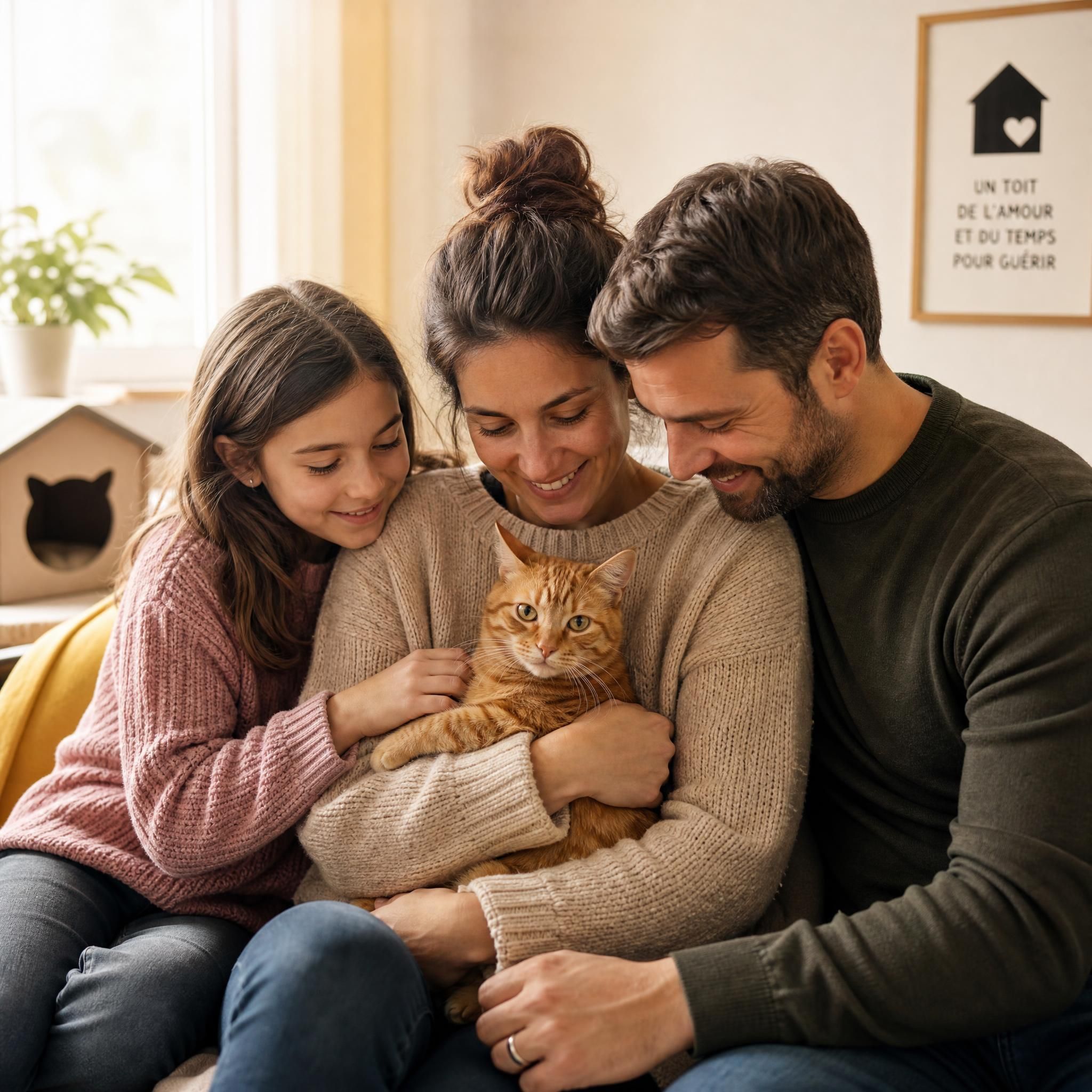 Famille d'accueil tenant un chat roux dans ses bras, intérieur chaleureux, lumière douce — symbole de refuge temporaire bienveillant