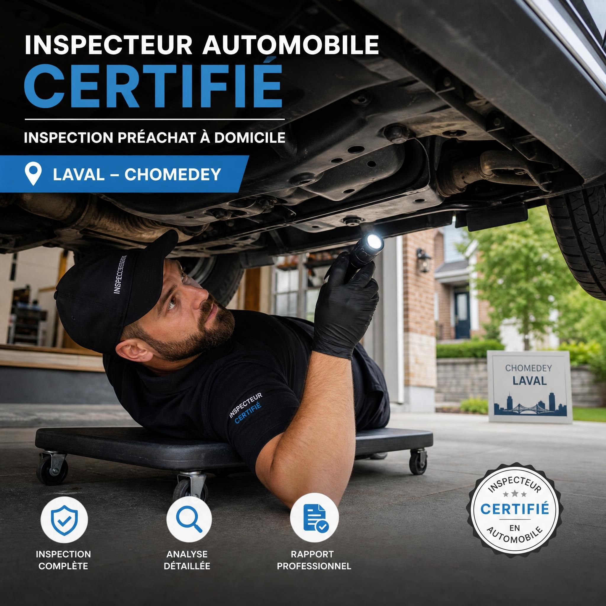 Certified auto inspector performing an at-home pre-purchase inspection in Laval, under a used vehicle in a Chomedey driveway