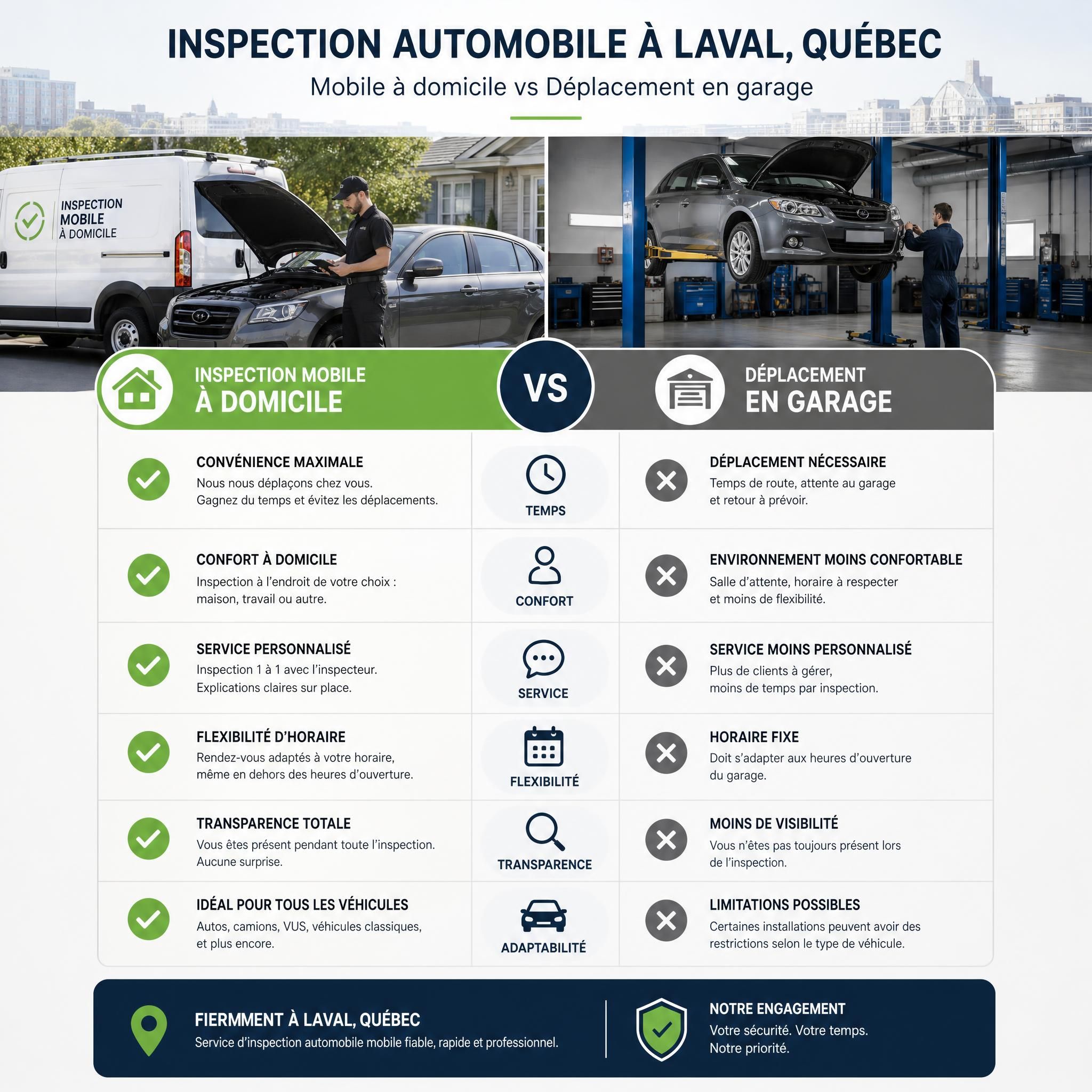 Tableau comparatif inspection automobile mobile à domicile versus déplacement en garage, Laval Québec