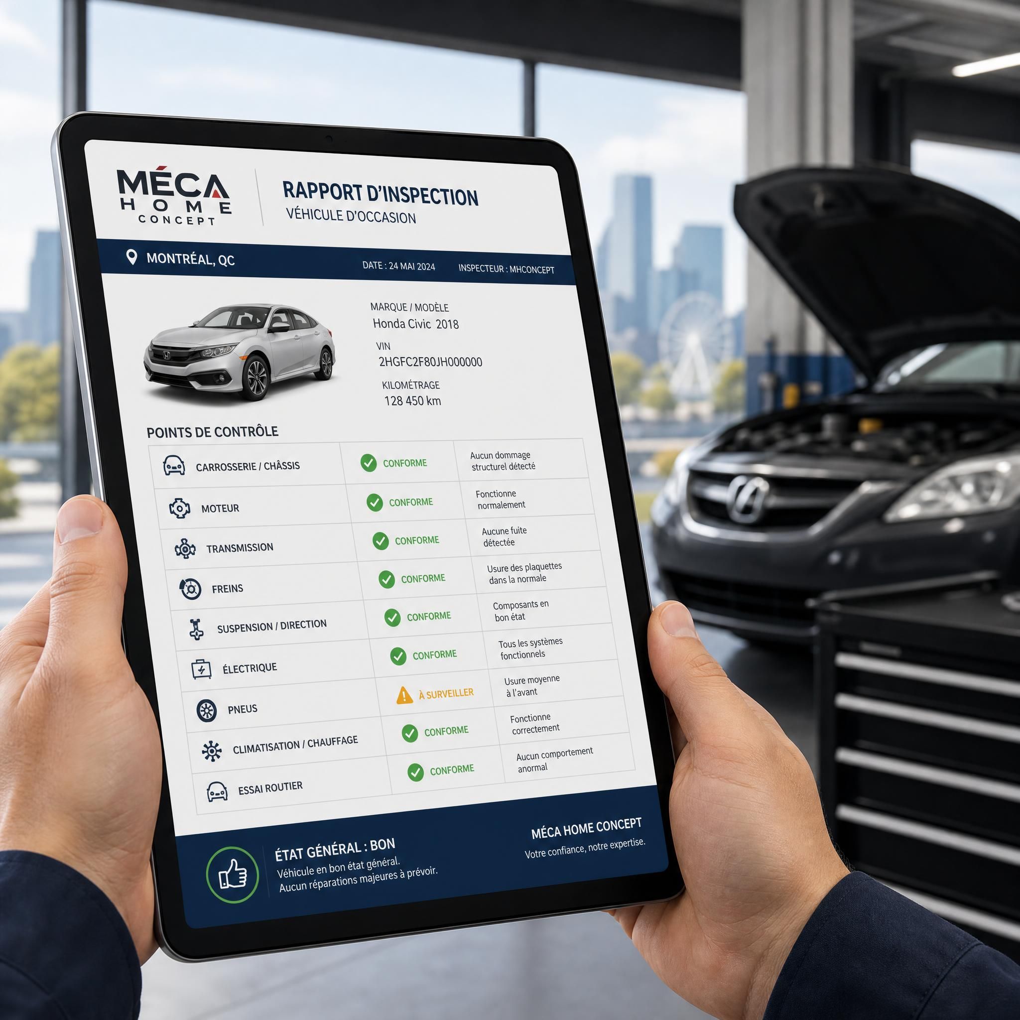 Rapport d'inspection Méca Home Concept sur tablette montrant les points de contrôle d'un véhicule d'occasion à Montréal