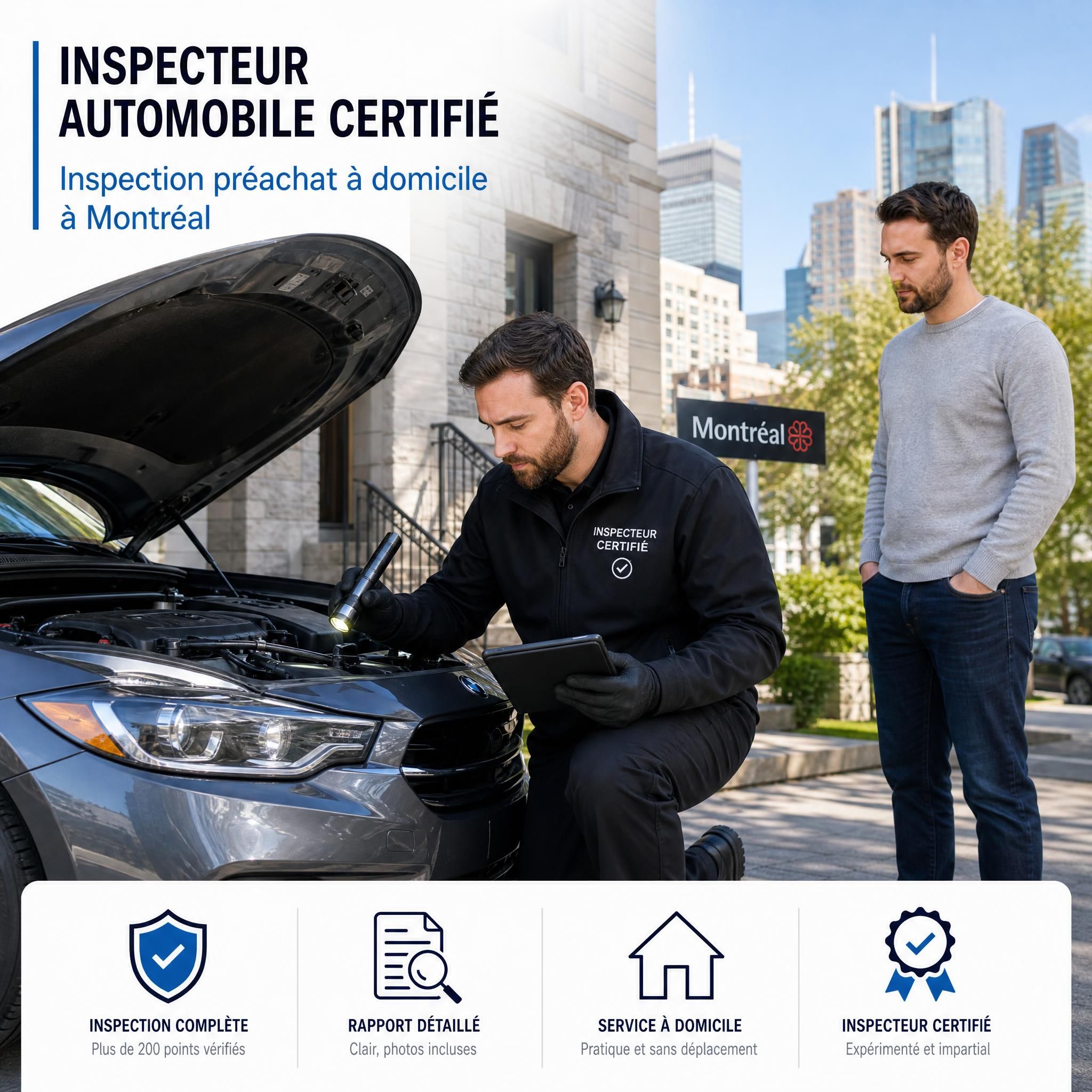 Certified auto inspector conducting a pre-purchase inspection at home in Montreal on a used vehicle