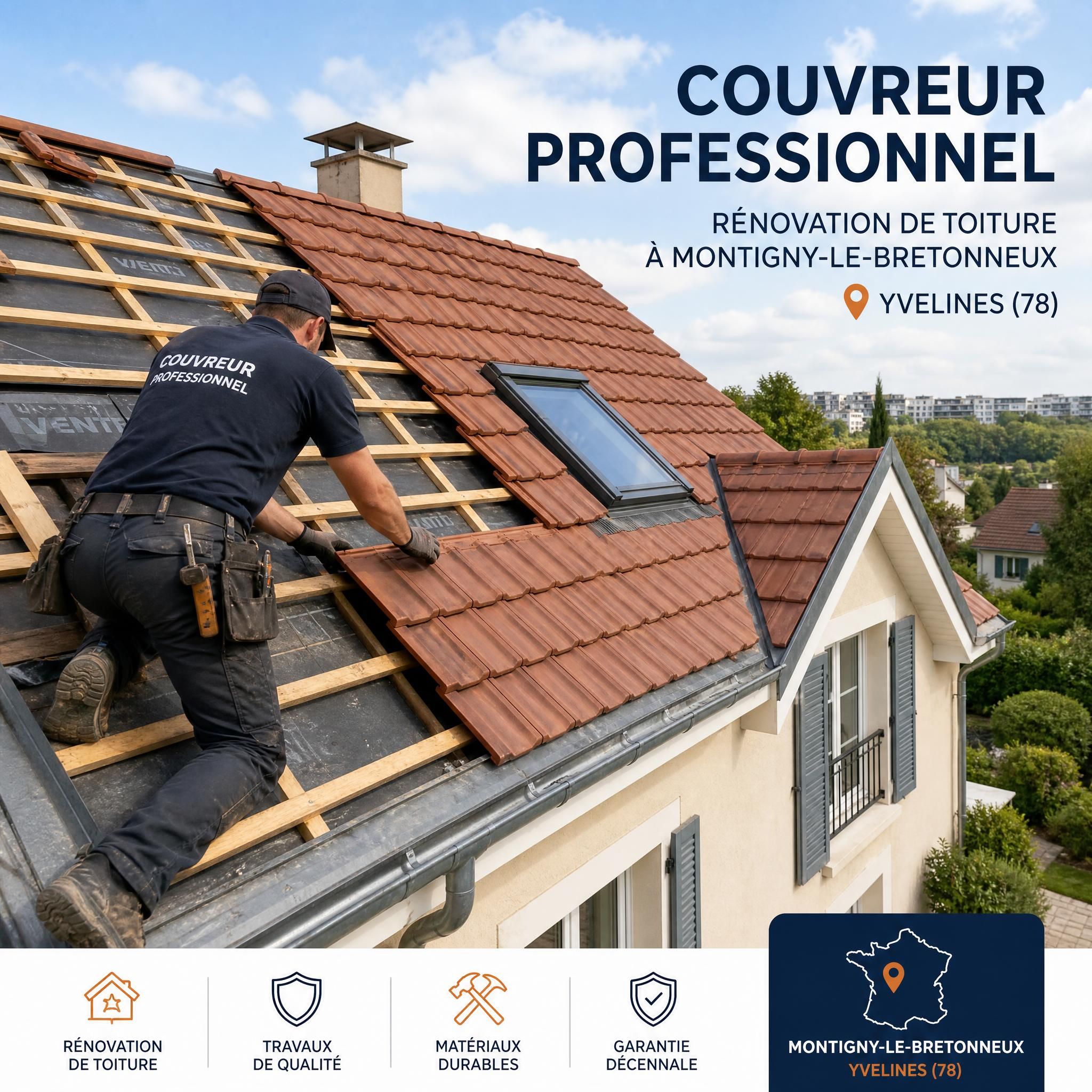 Couvreur professionnel en train de rénover une toiture en tuiles sur une maison individuelle à Montigny-le-Bretonneux, Yvelines 78, avec vue sur les combles et la façade
