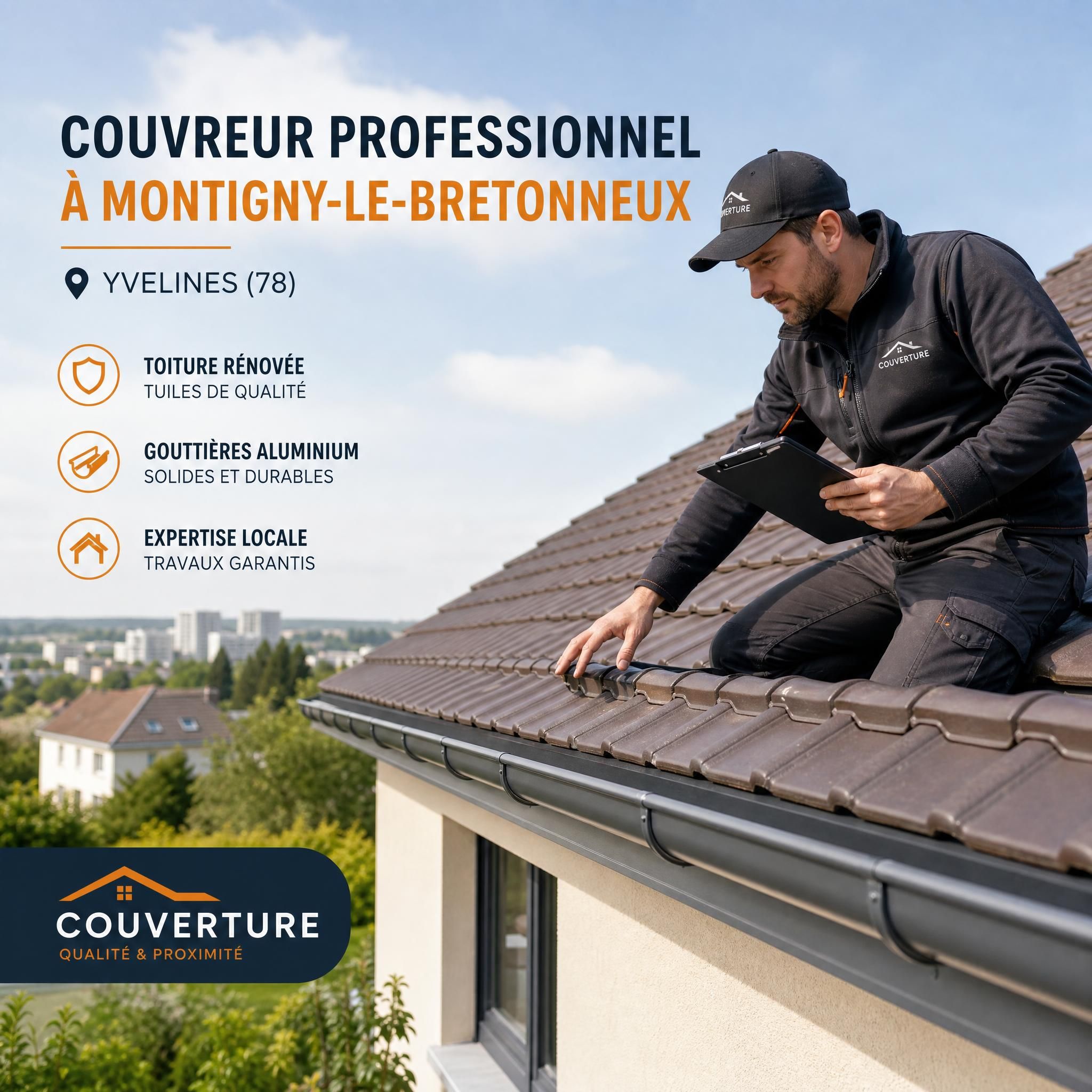 Couvreur professionnel inspectant une toiture de maison individuelle à Montigny-le-Bretonneux dans les Yvelines, avec gouttières aluminium et tuiles rénovées