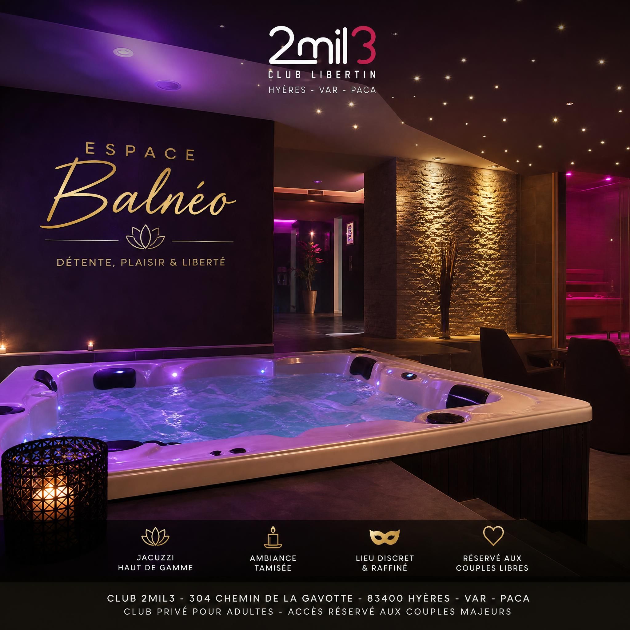 Espace balnéo haut de gamme du club libertin 2mil3 à Hyères, Var, PACA — jacuzzi et ambiance tamisée