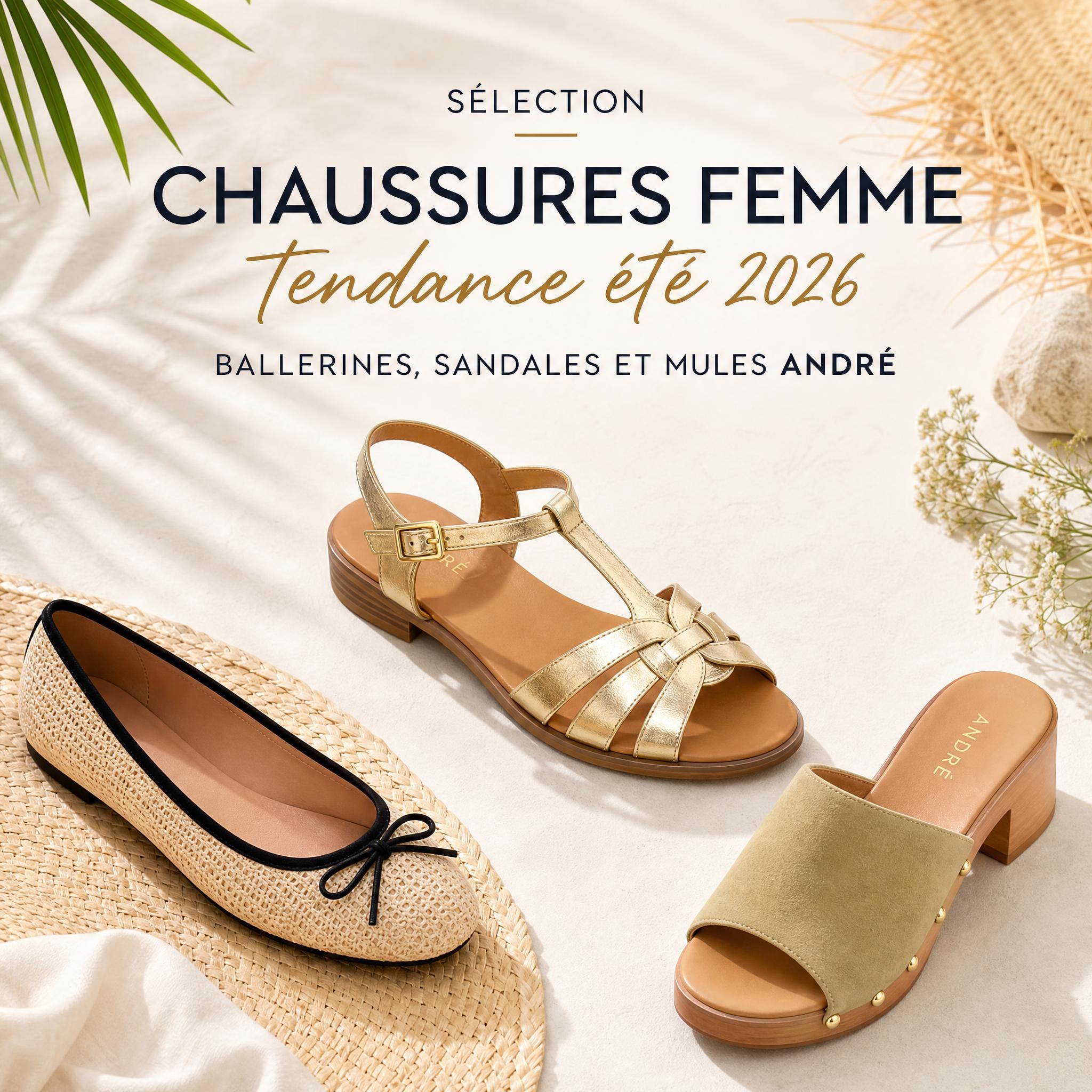 Sélection de chaussures femme tendance été 2026 — ballerines, sandales et mules André sur fond clair estival