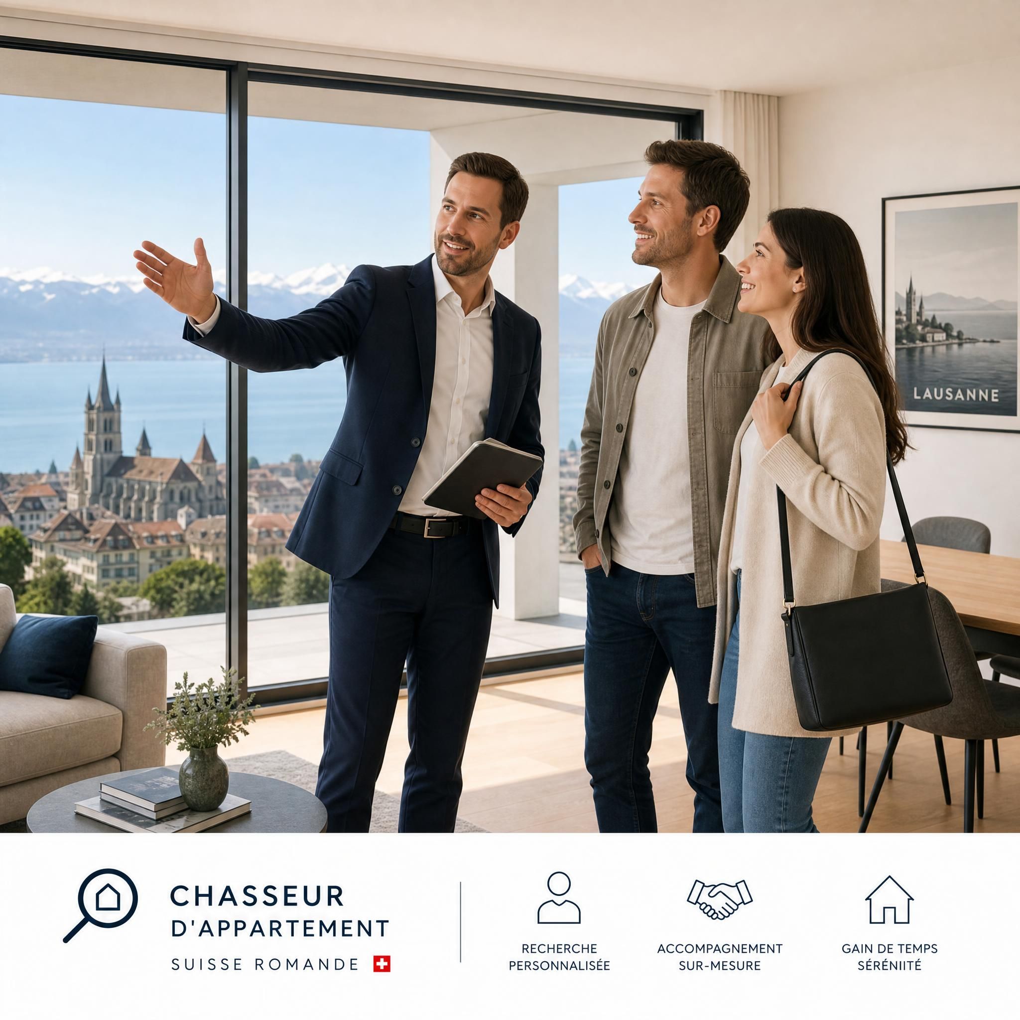 Chasseur d'appartement Suisse romande accompagnant un couple lors d'une visite immobilière à Lausanne avec vue sur le lac Léman