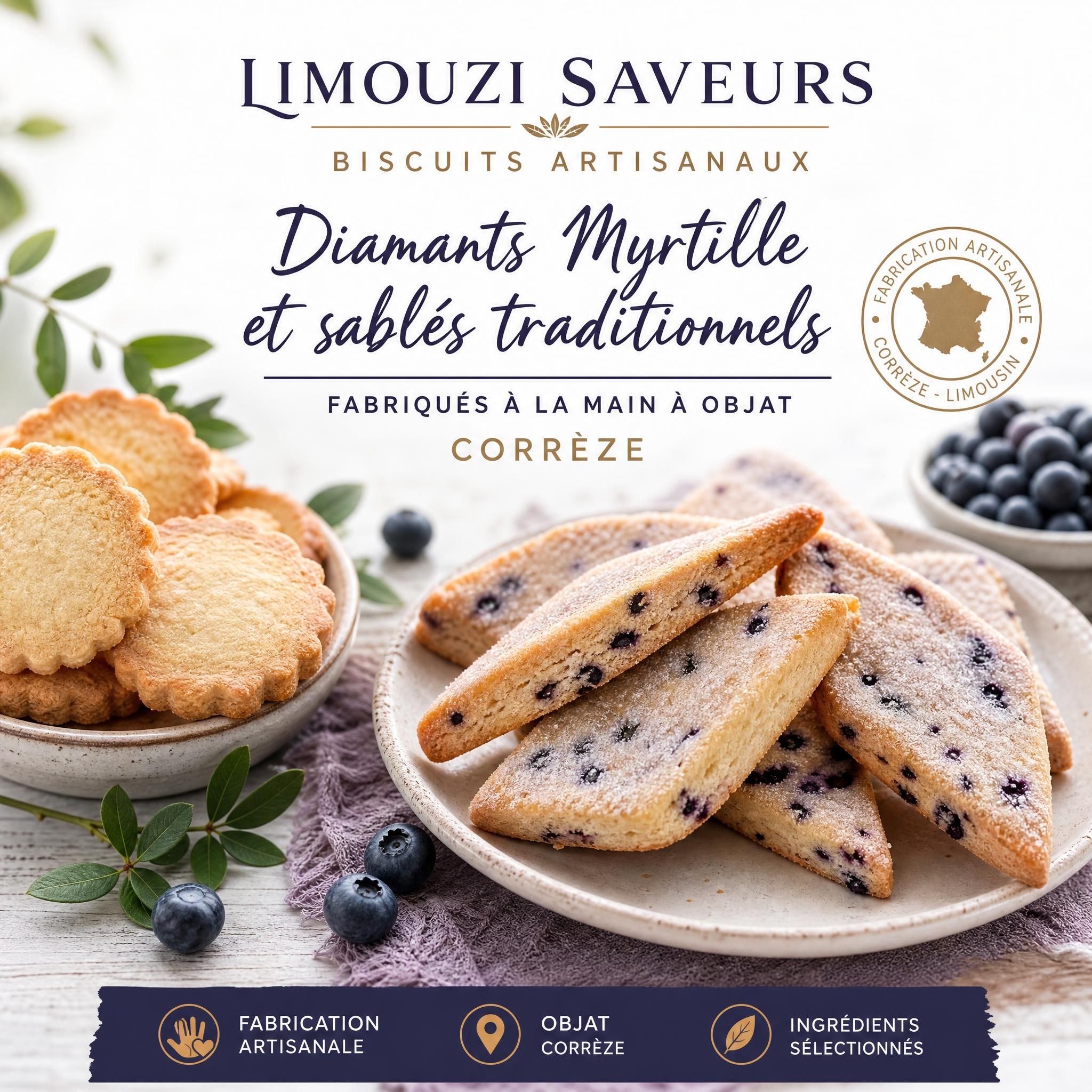Biscuits artisanaux Limouzi Saveurs - Diamants Myrtille et sablés traditionnels fabriqués à la main à Objat Corrèze