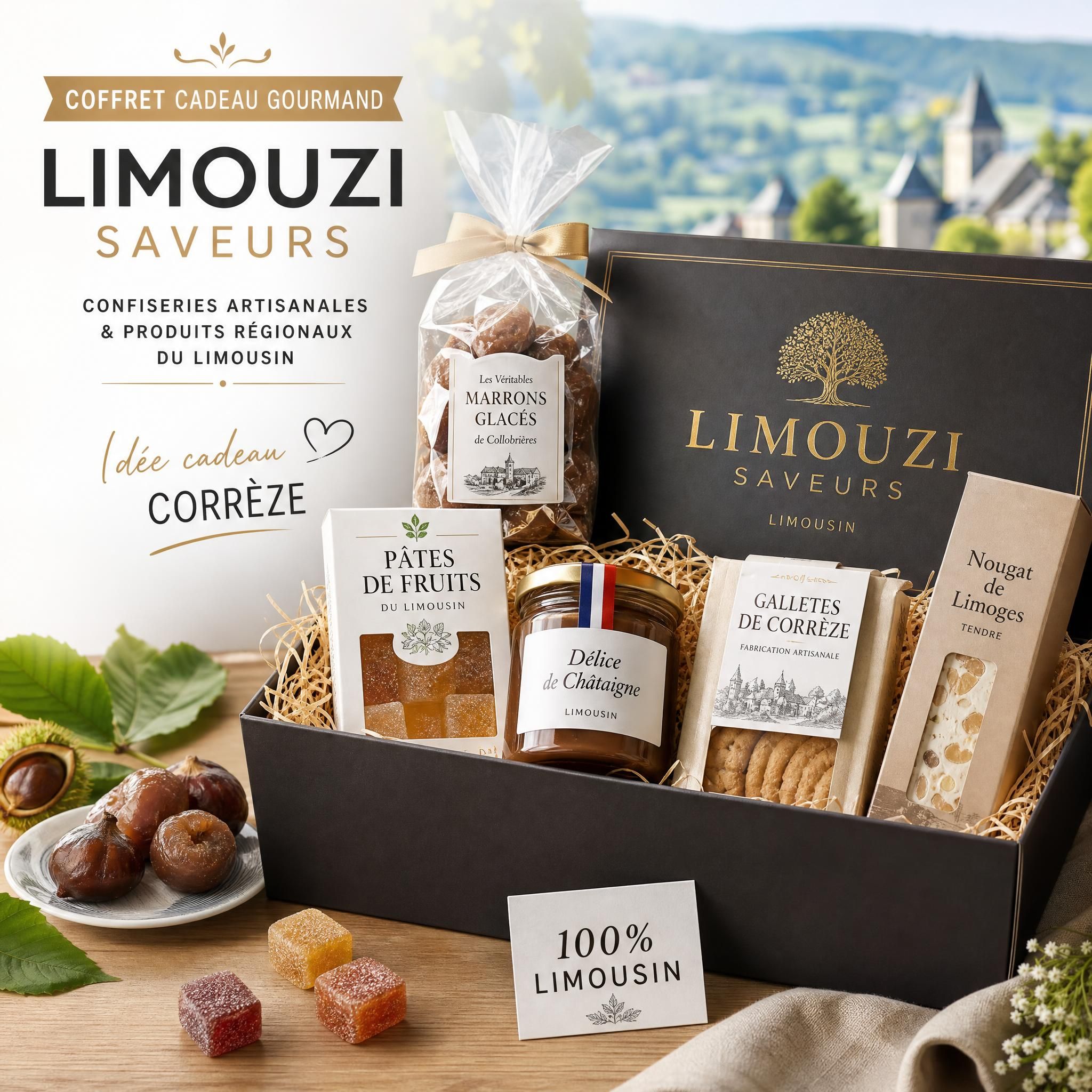 Coffret cadeau gourmand Limouzi Saveurs avec confiseries artisanales et produits régionaux du Limousin - idée cadeau Corrèze