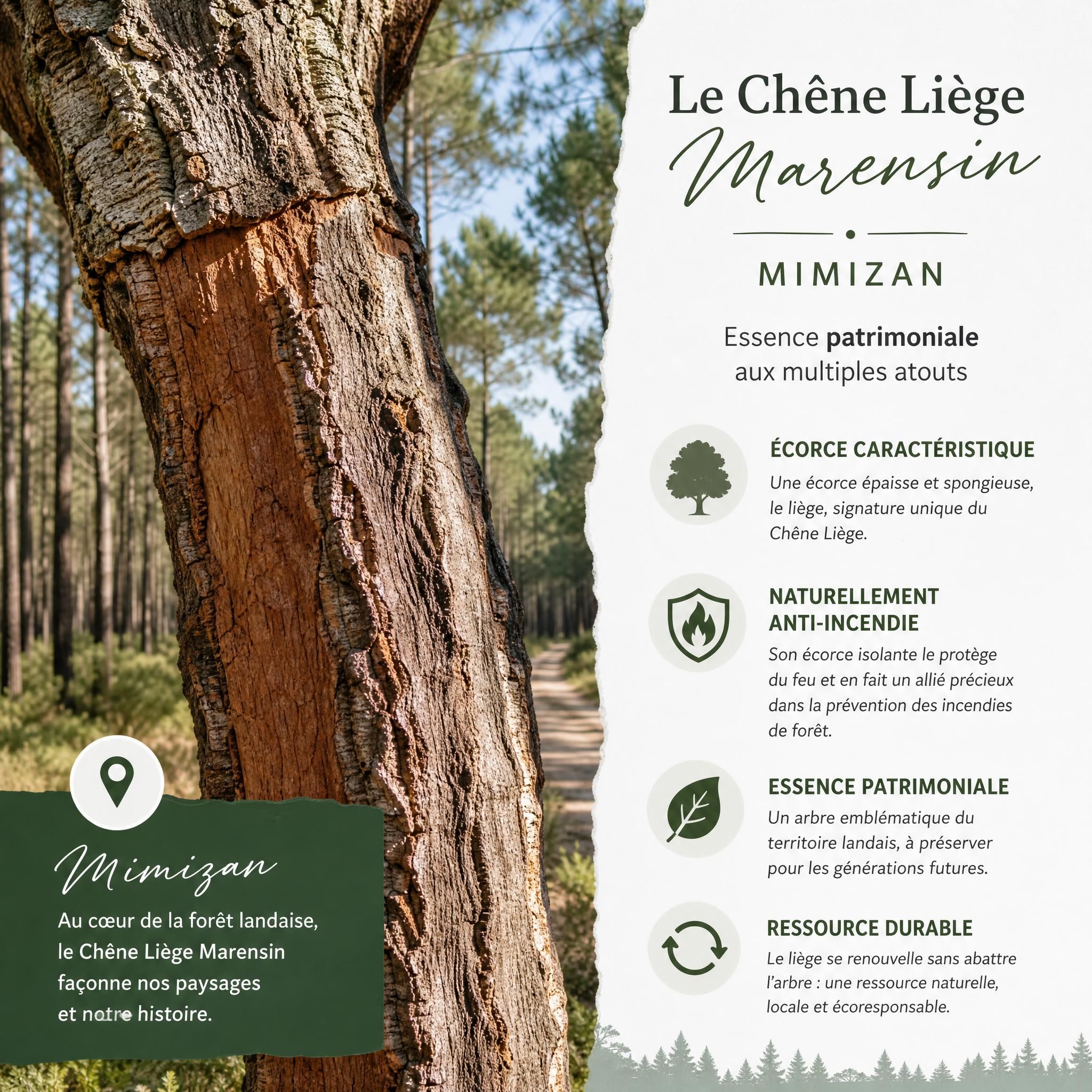 chêne liège Marensin Mimizan écorce caractéristique essence patrimoniale anti-incendie