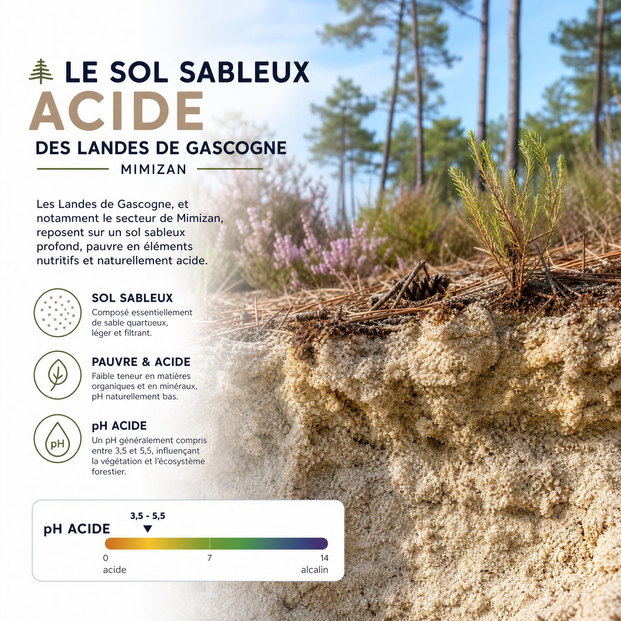 sol sableux acide Landes de Gascogne Mimizan texture caractéristique pH acide