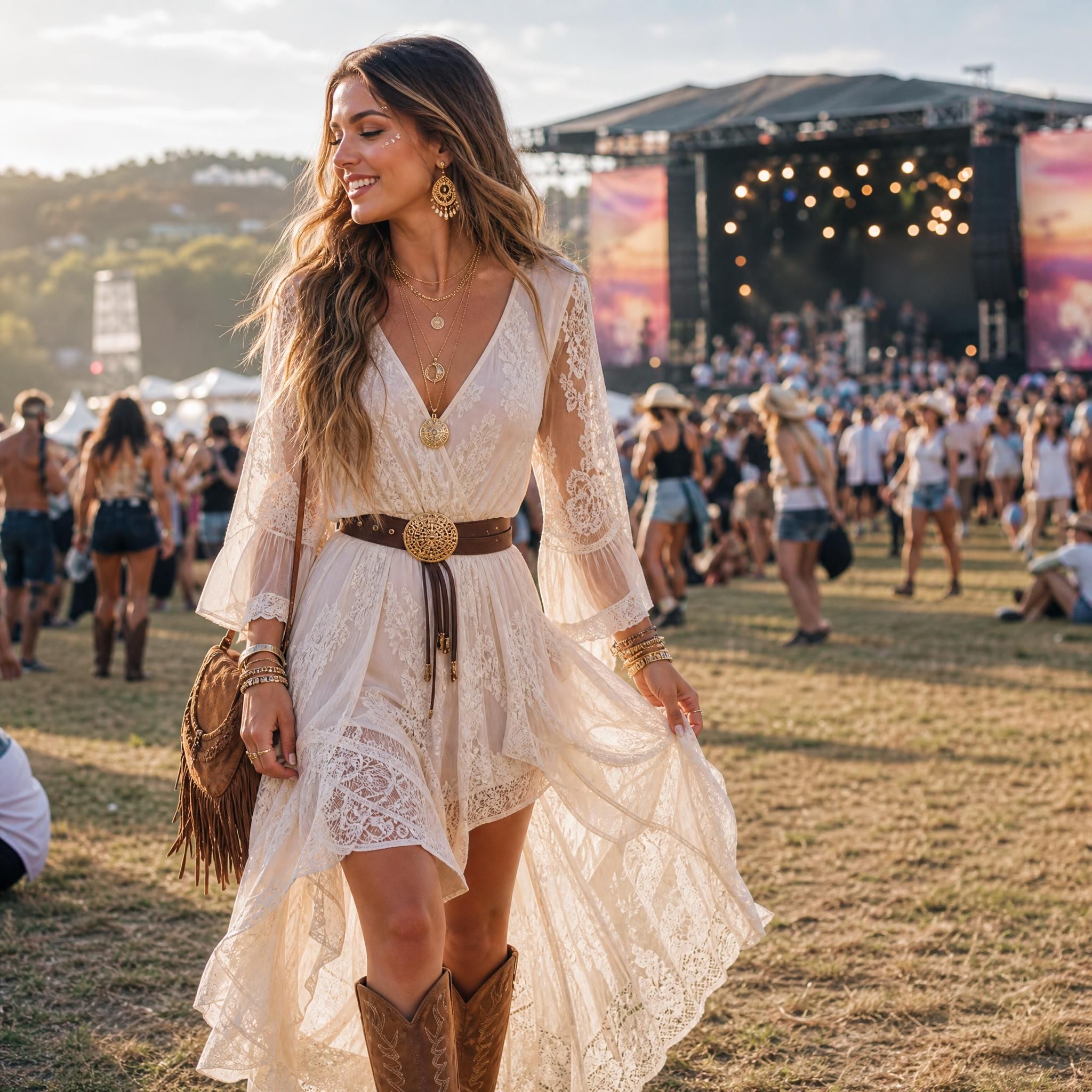 Jeune femme portant une tenue festival bohème chic — robe en dentelle fluide, bottes et accessoires dorés — devant une scène de festival de musique en plein air