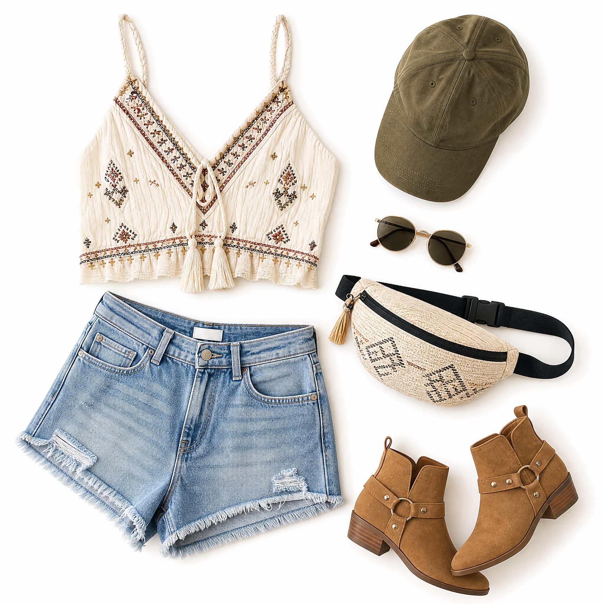 Flat lay de vêtements et accessoires festival disposés sur fond blanc — short en jean, top bohème, casquette, lunettes de soleil, sac banane et bottines