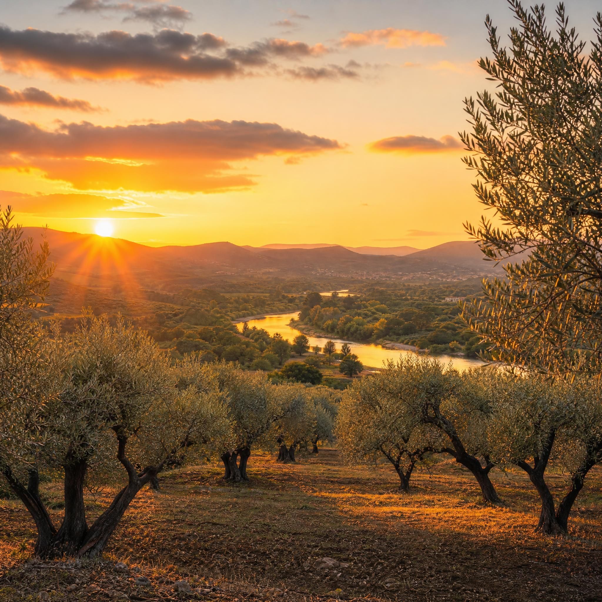 Oliveraie provençale dans la vallée de l'Argens au coucher du soleil, Var, Provence