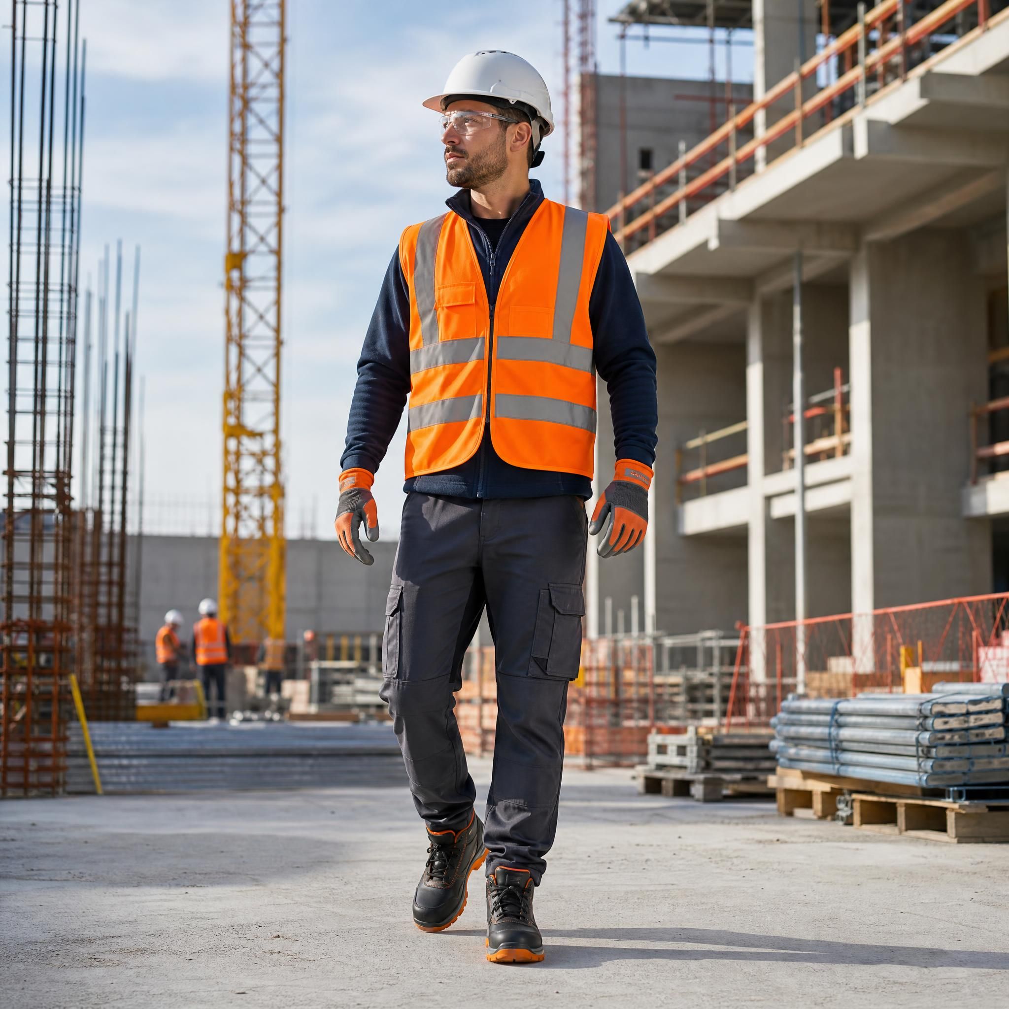 Travailleur BTP équipé de ses EPI complets — casque, gants, chaussures de sécurité et gilet haute visibilité sur un chantier