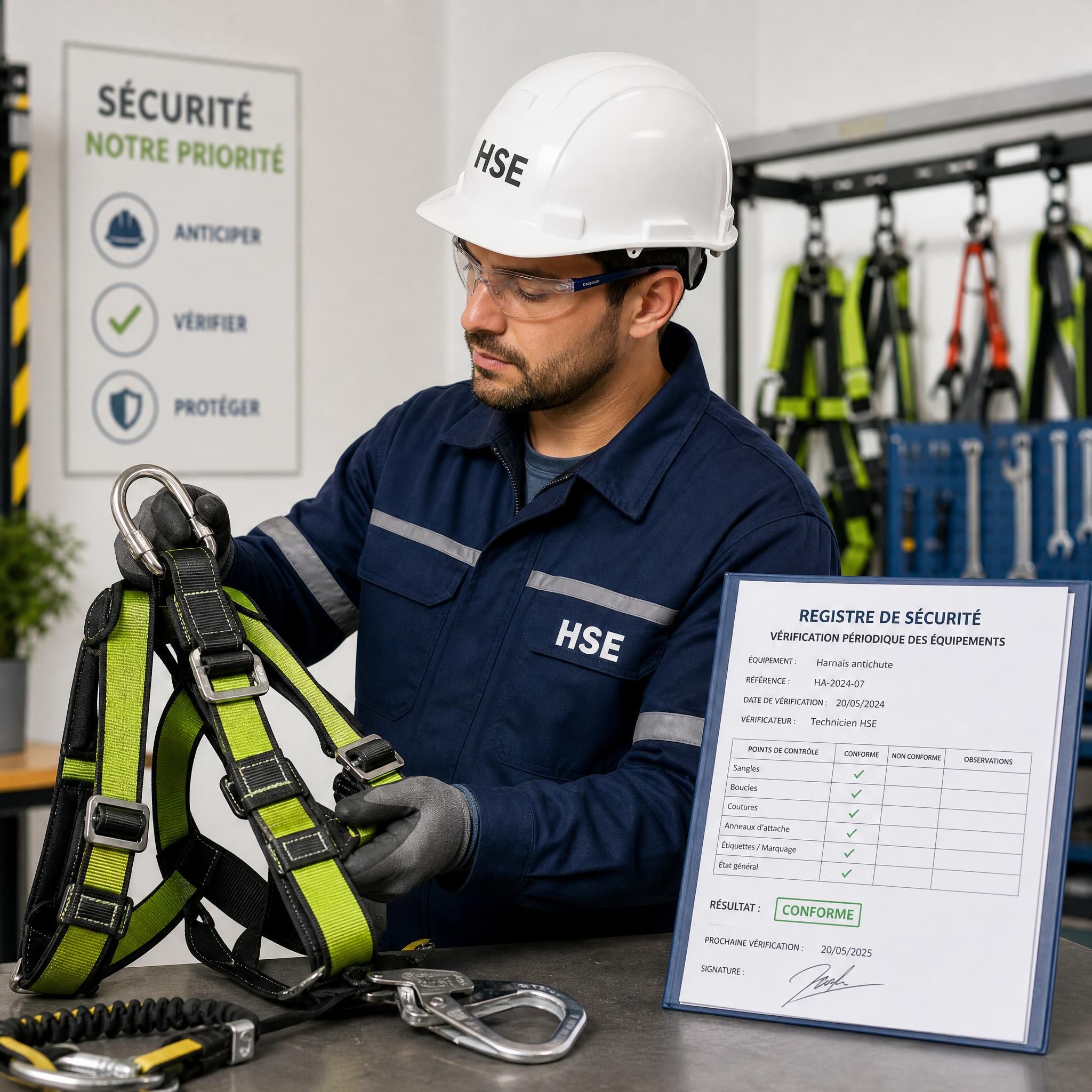 Technicien HSE effectuant la vérification périodique d'un harnais antichute avec registre de sécurité