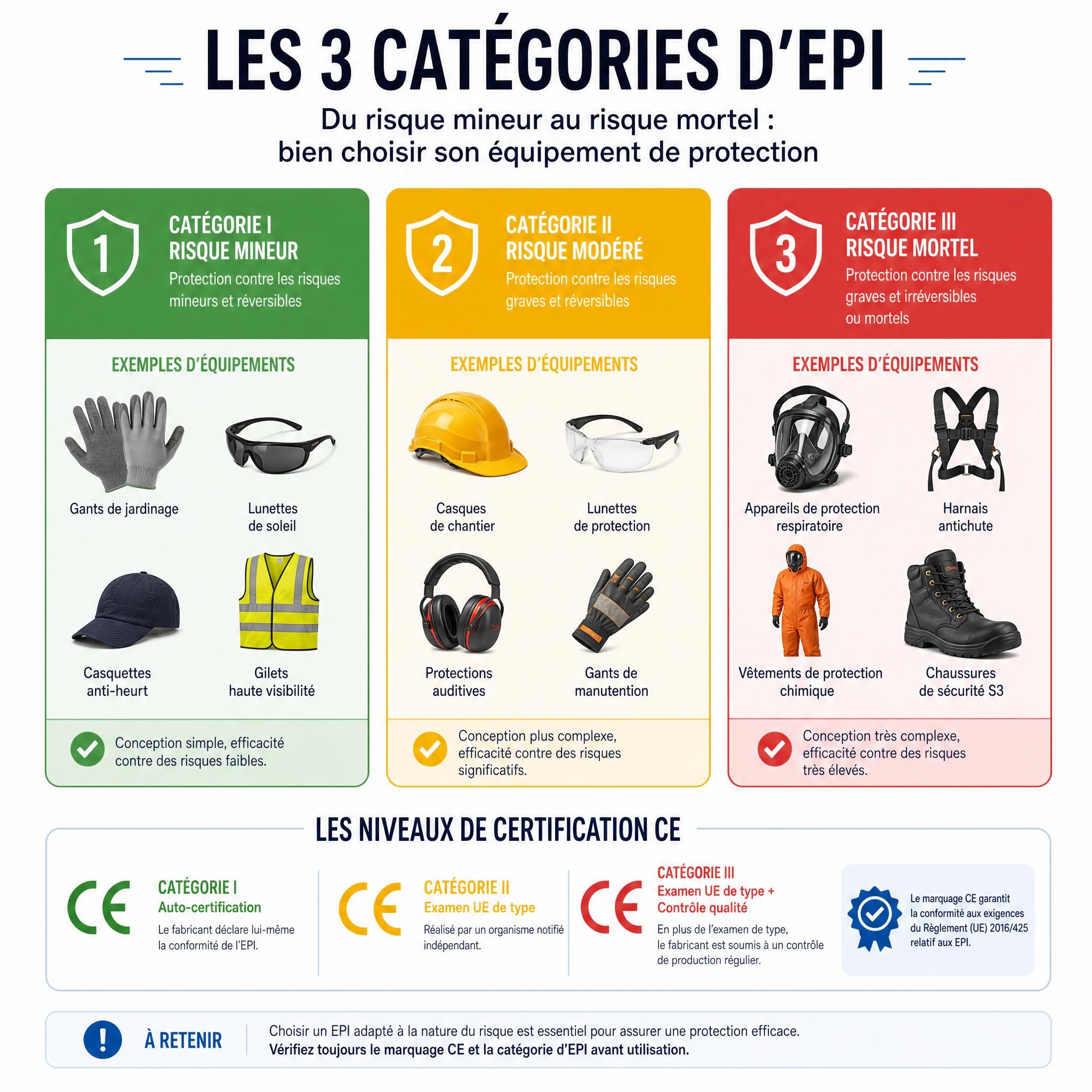 Infographie des 3 catégories d'EPI avec exemples d'équipements — du risque mineur au risque mortel — et niveaux de certification CE