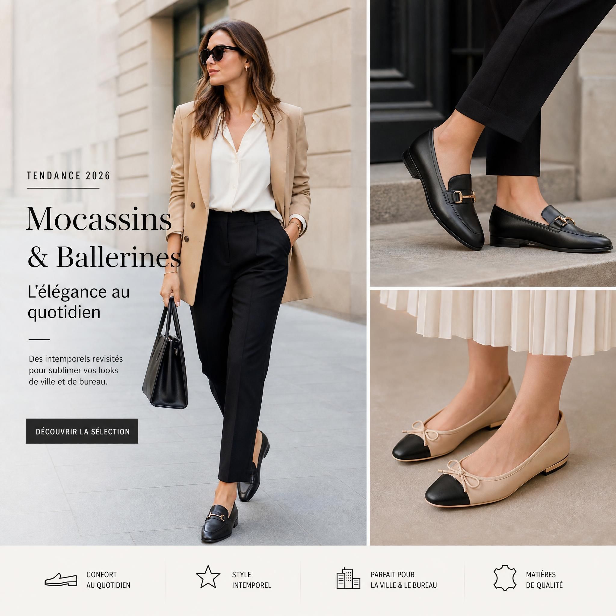 Femme urbaine élégante portant des mocassins en cuir et des ballerines tendance 2026, chaussures femme style bureau et ville