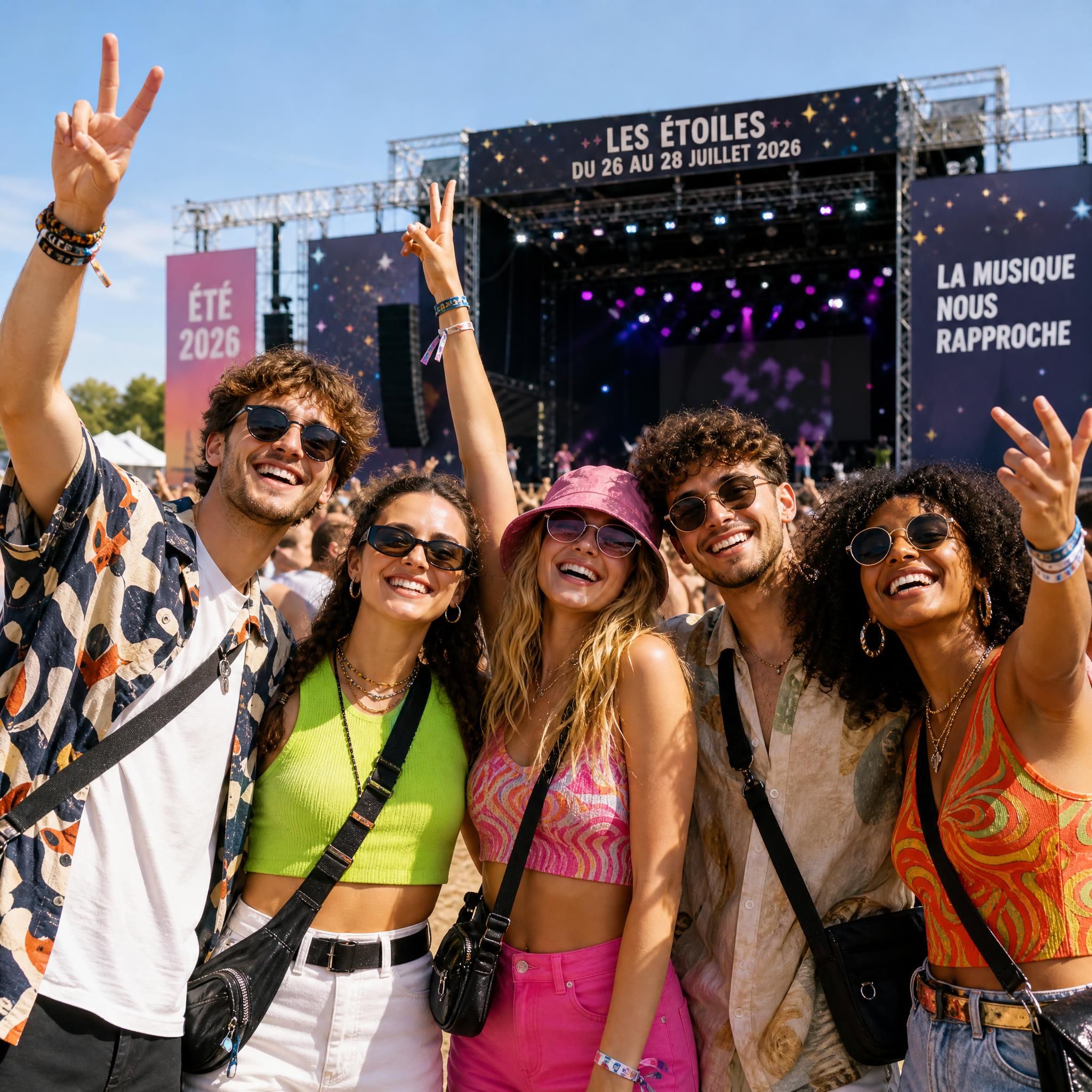 Groupe de jeunes festivaliers en tenues colorées et tendance devant une scène de festival de musique en France, été 2026