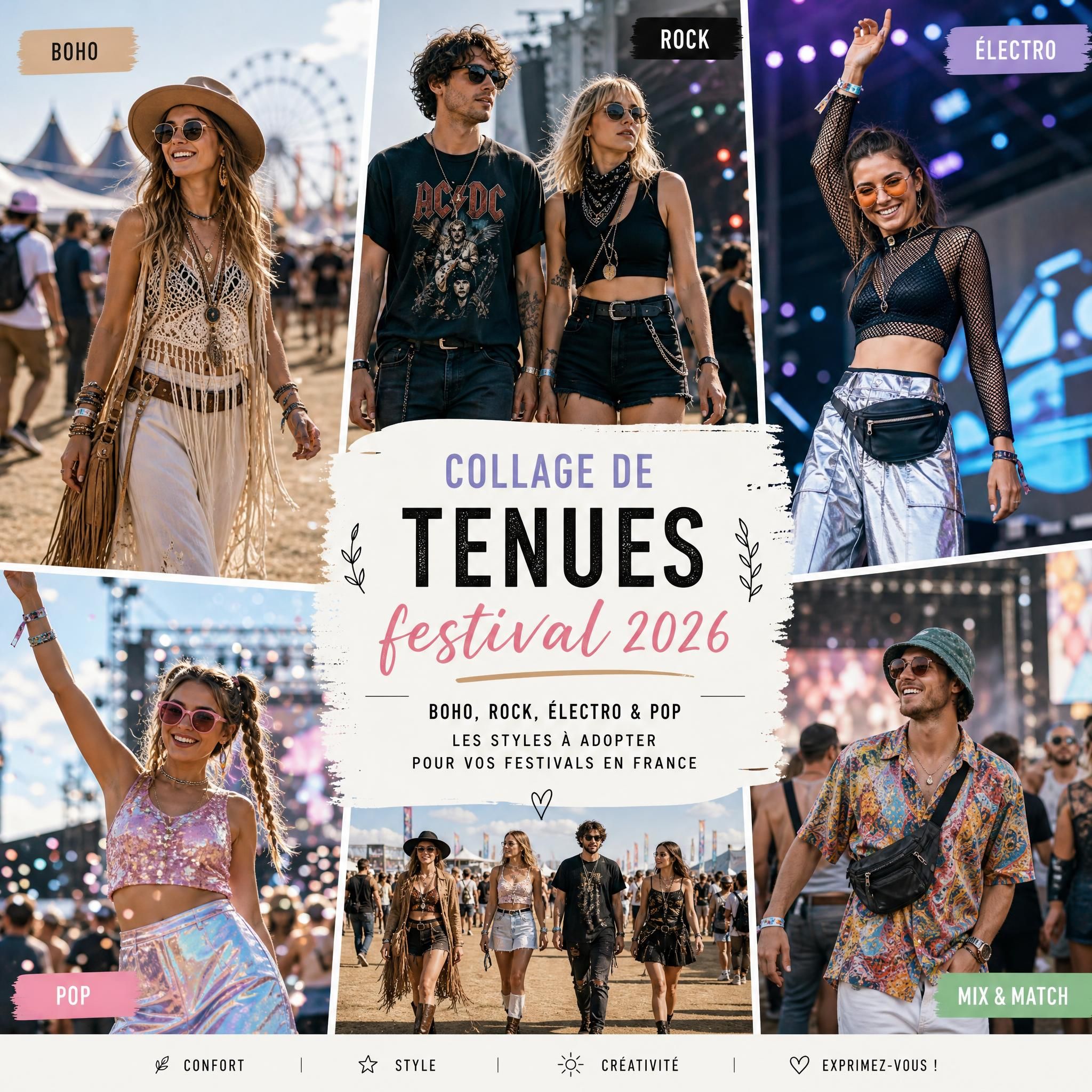 Collage de tenues festival 2026 — style boho, rock, électro et pop — portées par des festivaliers lors de concerts en plein air en France