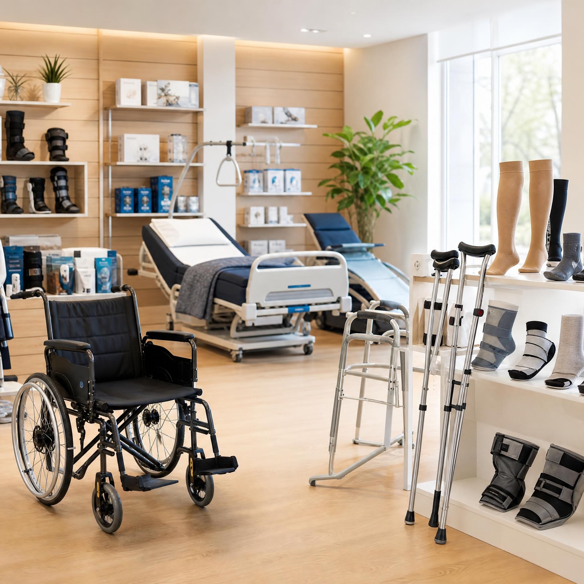 Professionnel orthopédiste conseillant un patient senior sur un fauteuil roulant dans un cabinet orthopédique à Azay-le-Rideau, Indre-et-Loire