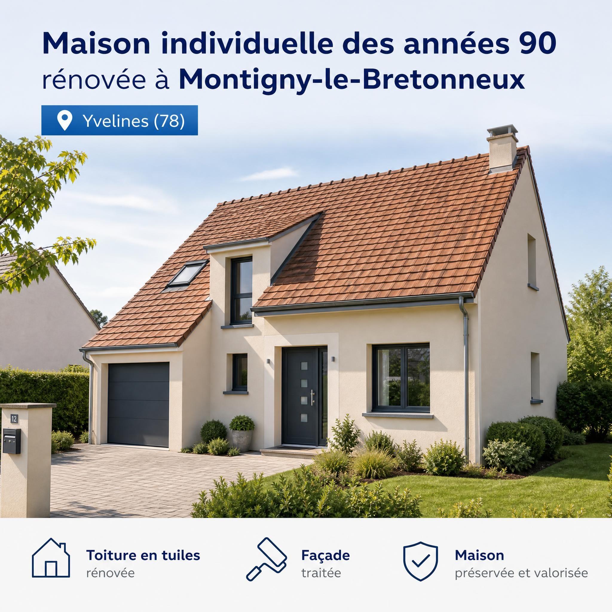 Maison individuelle des années 90 à Montigny-le-Bretonneux avec toiture en tuiles rénovée et façade traitée, Yvelines 78