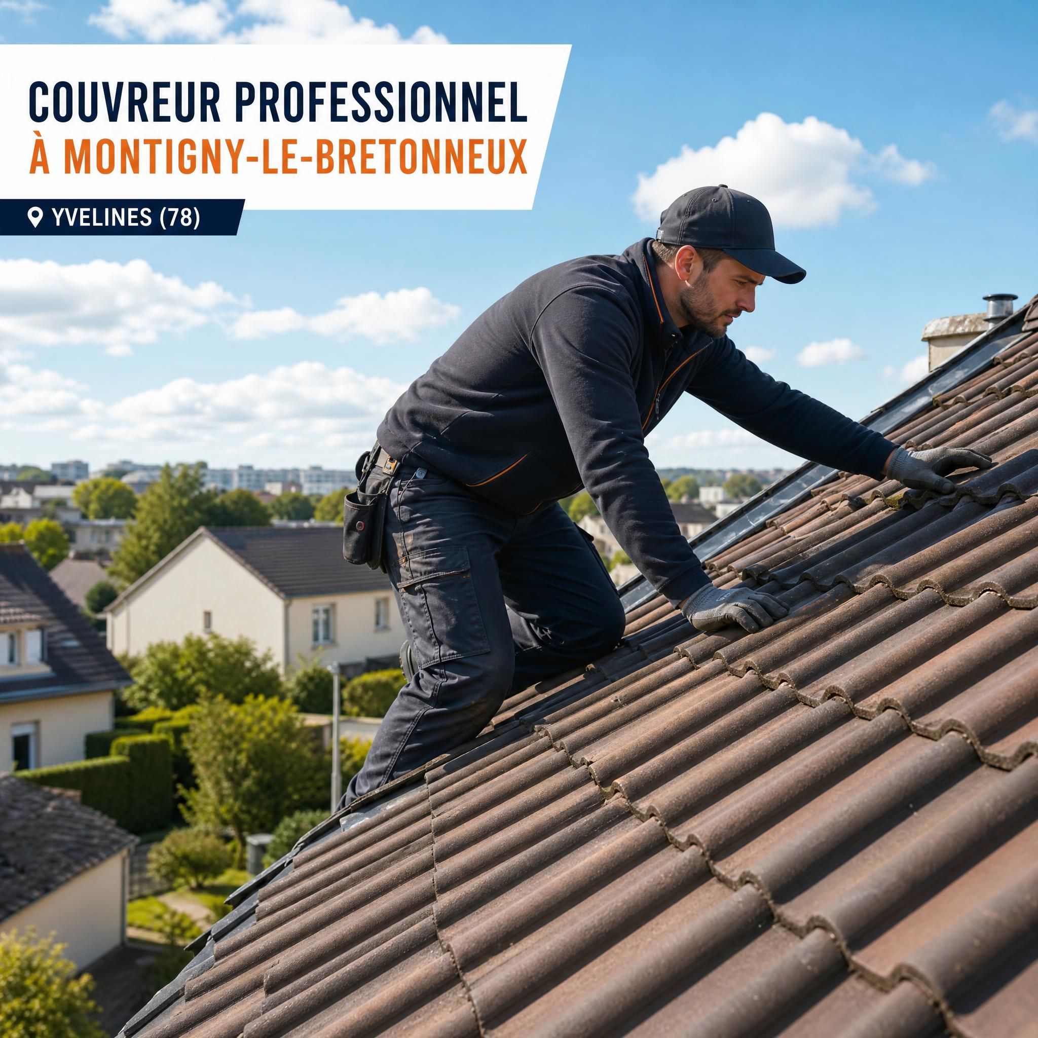 Couvreur professionnel inspectant une toiture de maison individuelle à Montigny-le-Bretonneux, Yvelines