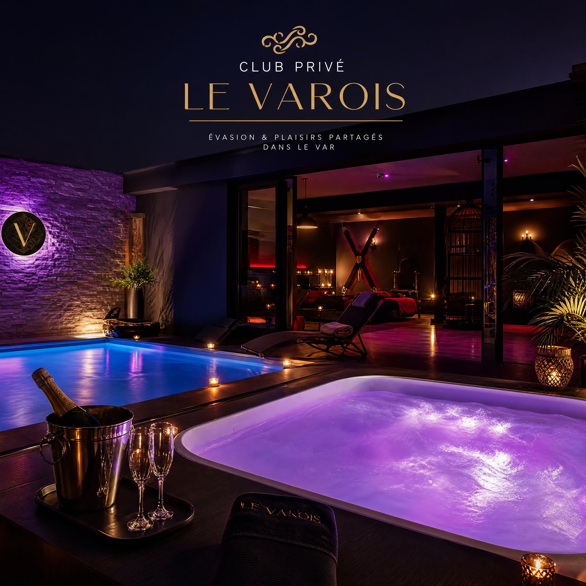 Ambiance nocturne raffinée d'un club libertin haut de gamme avec balnéo illuminée, jacuzzi et lumières tamisées dans le Var, PACA