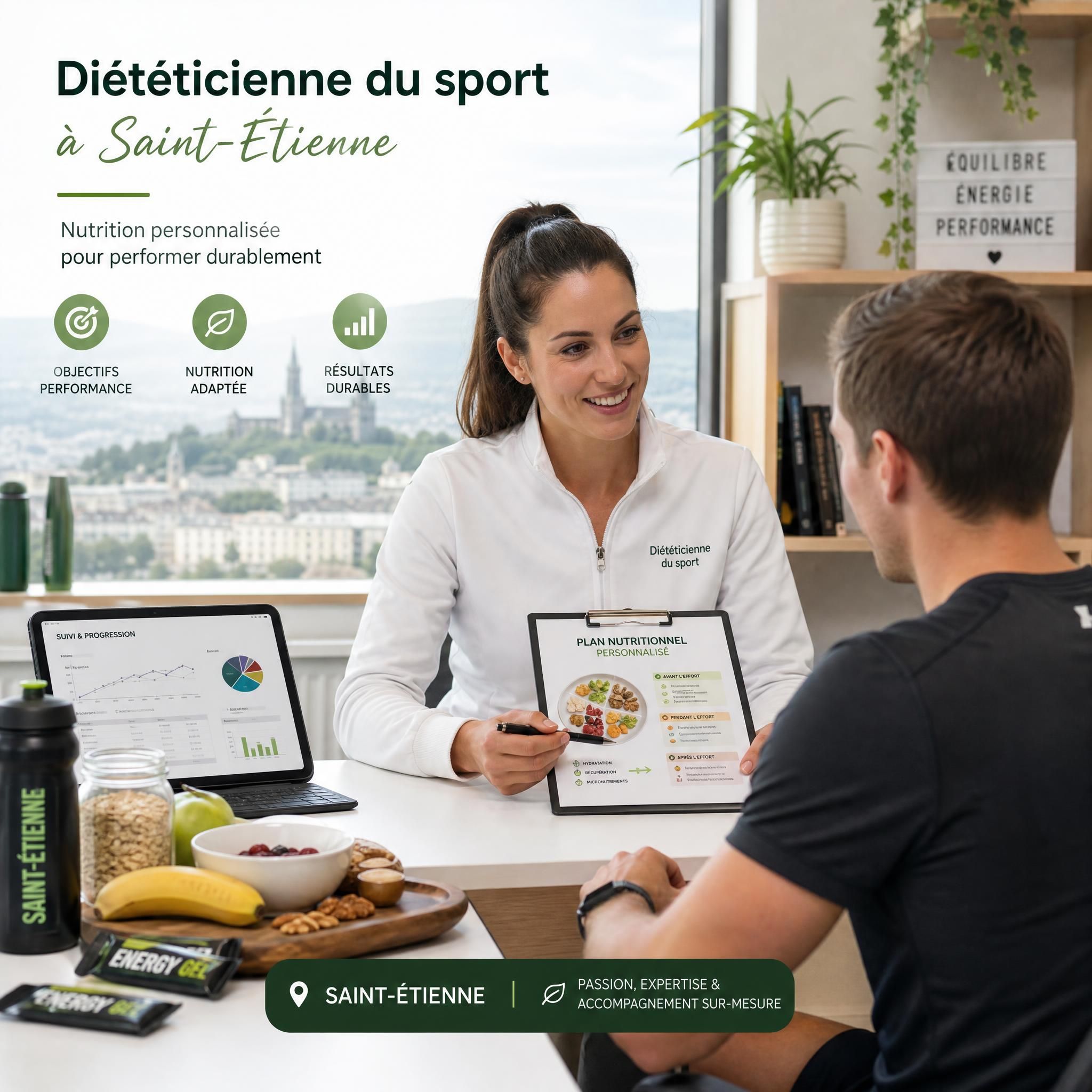 Diététicienne du sport à Saint-Étienne préparant un plan nutritionnel personnalisé pour un sportif d'endurance