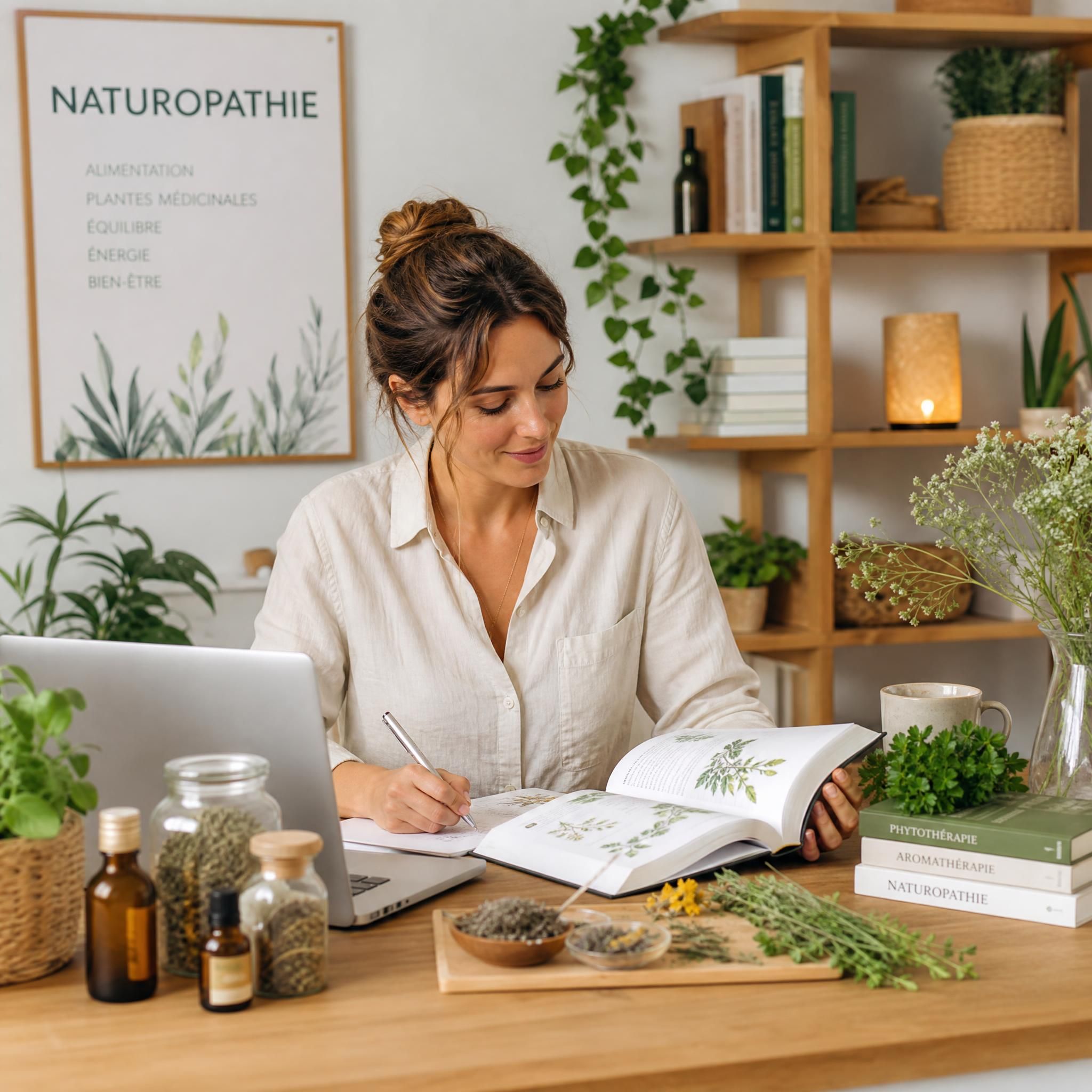Femme en reconversion professionnelle étudiant la naturopathie à son bureau avec des plantes médicinales et un ordinateur portable, ambiance chaleureuse et lumineuse