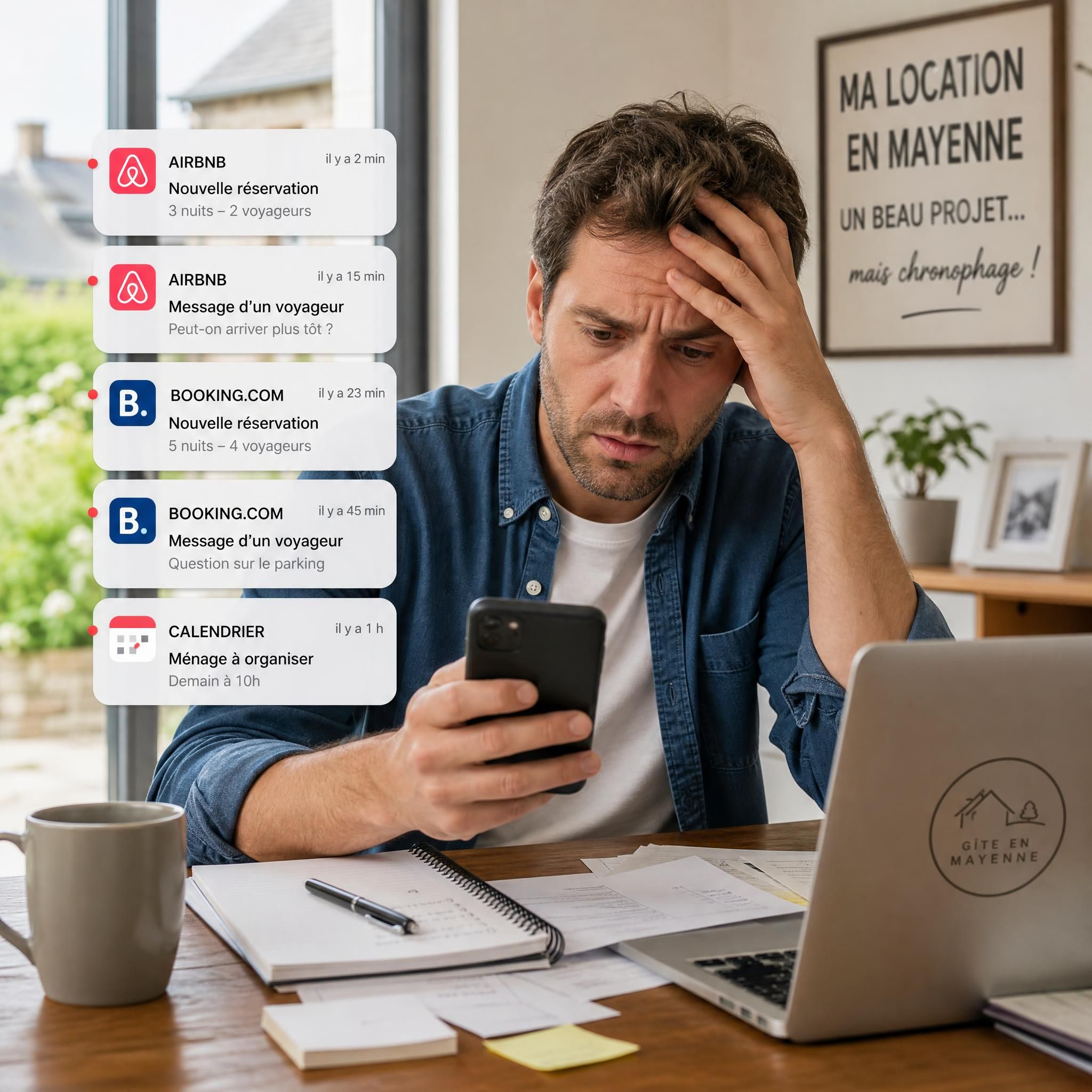 Propriétaire dépassé par la gestion de sa location saisonnière en Mayenne, regardant son téléphone avec des notifications Airbnb et Booking
