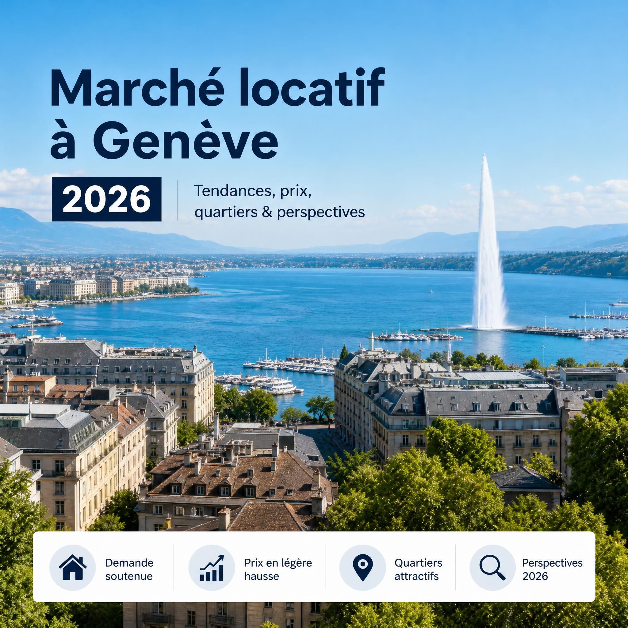 Vue panoramique de Genève avec le lac Léman et le jet d'eau, marché locatif genevois 2026