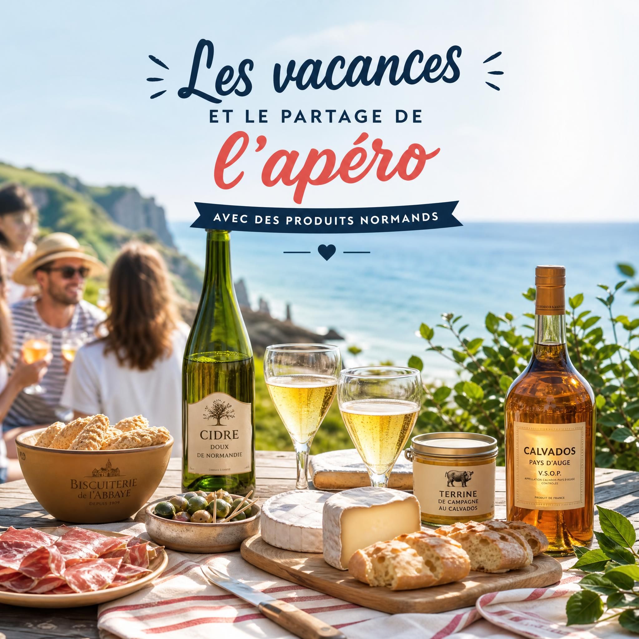 Panier garni normand Les Sabots d'Eugénie avec produits du terroir normand dans un sac en textile, camembert cidre caramels sur fond de paysage normand