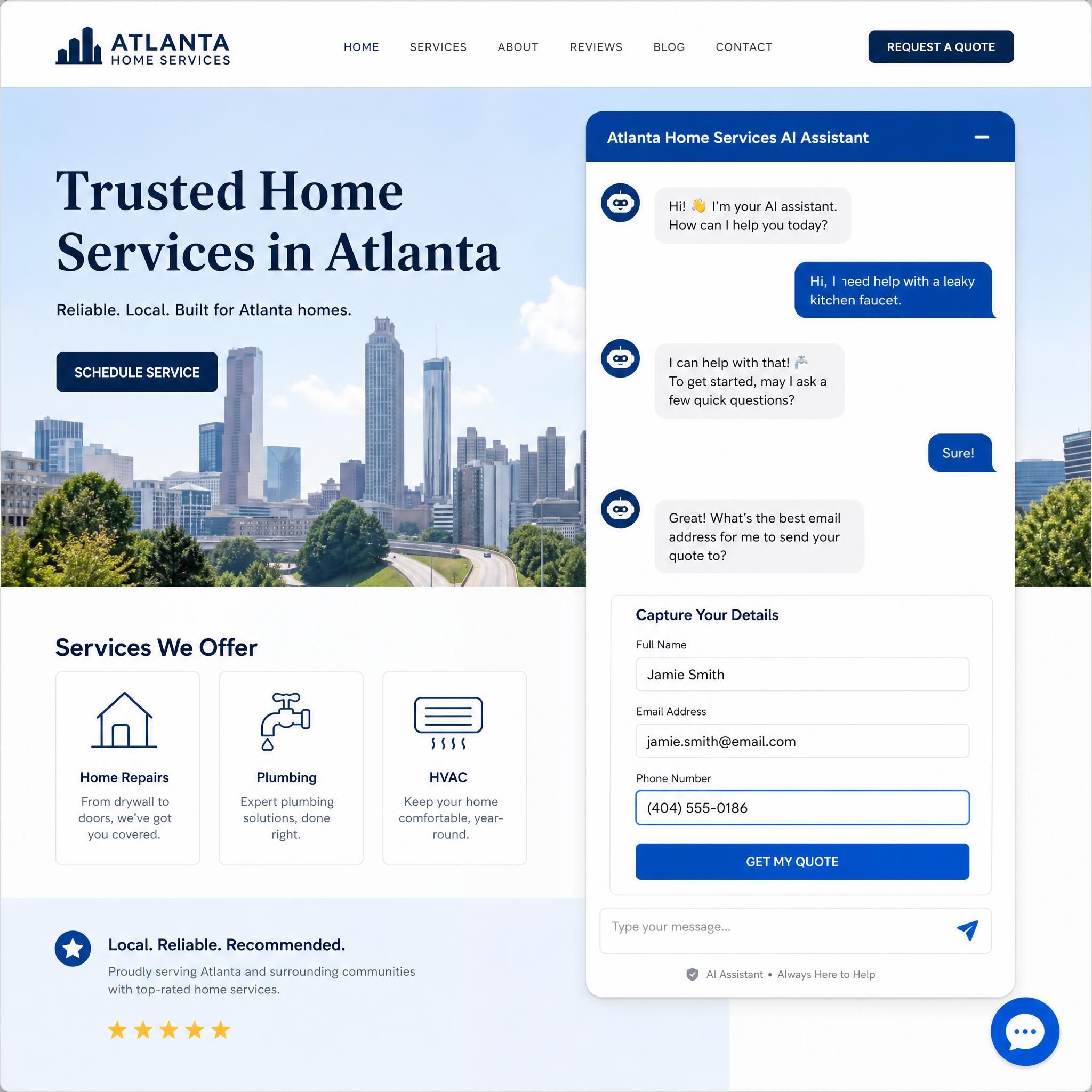 AI chatbot interface on a local Atlanta business website showing customer conversation and lead capture