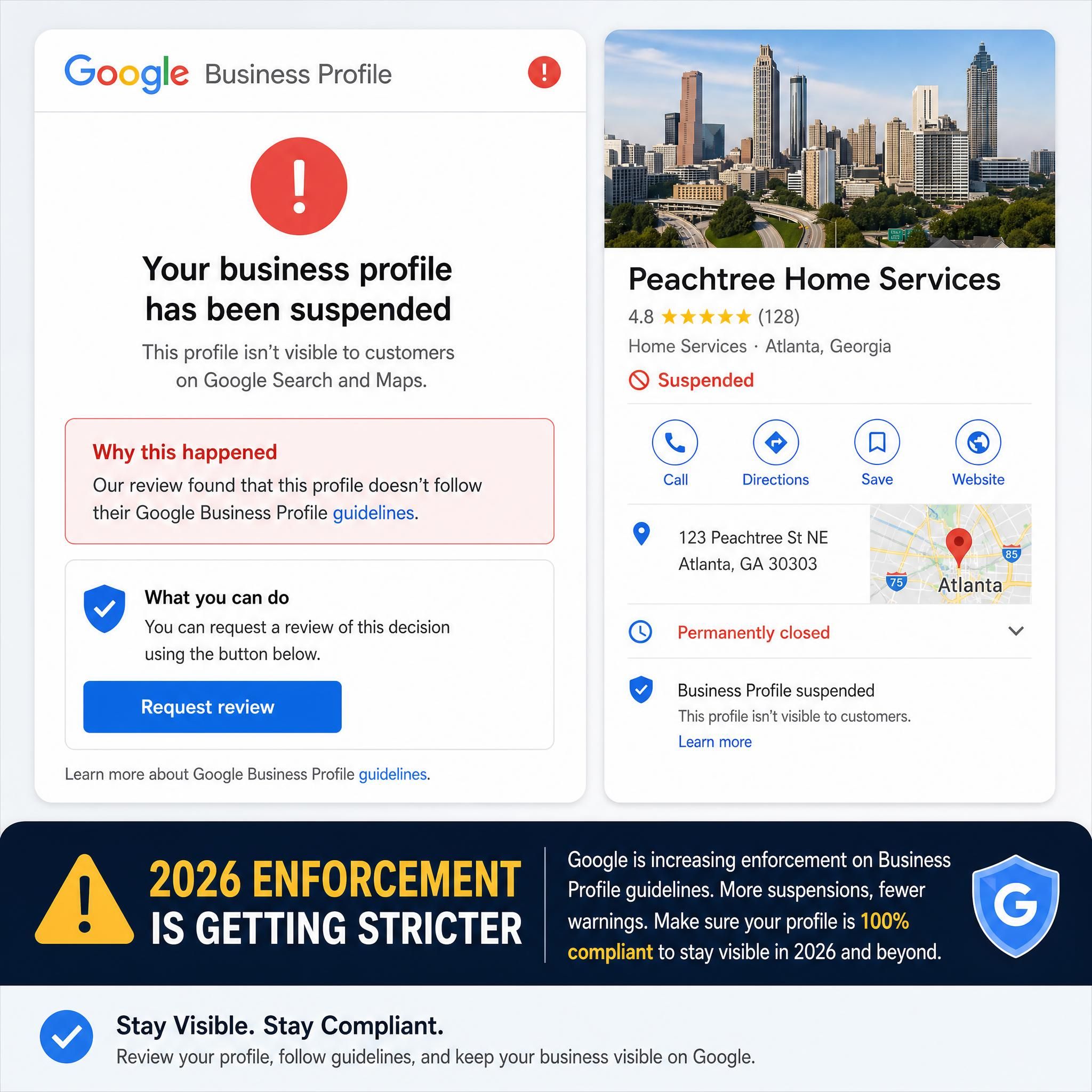 Google Business Profile suspension notification screenshot with Atlanta local business example and 2026 enforcement warning