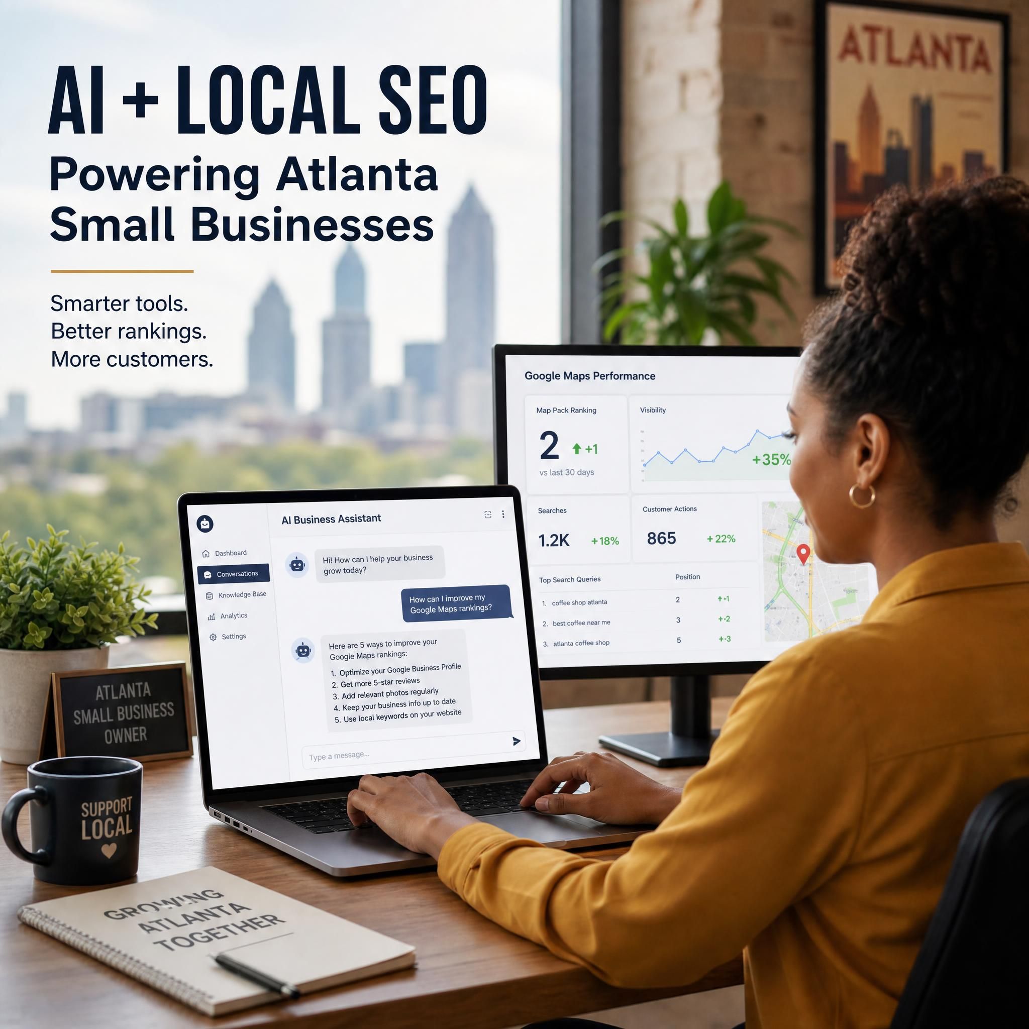 Atlanta small business owner using AI chatbot dashboard on laptop with Google Maps ranking data visible on second screen