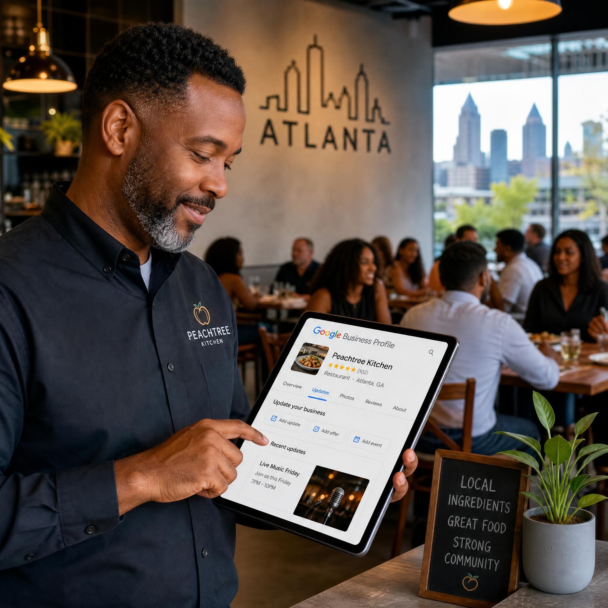 Atlanta restaurant owner updating Google Business Profile on tablet with busy dining room in background