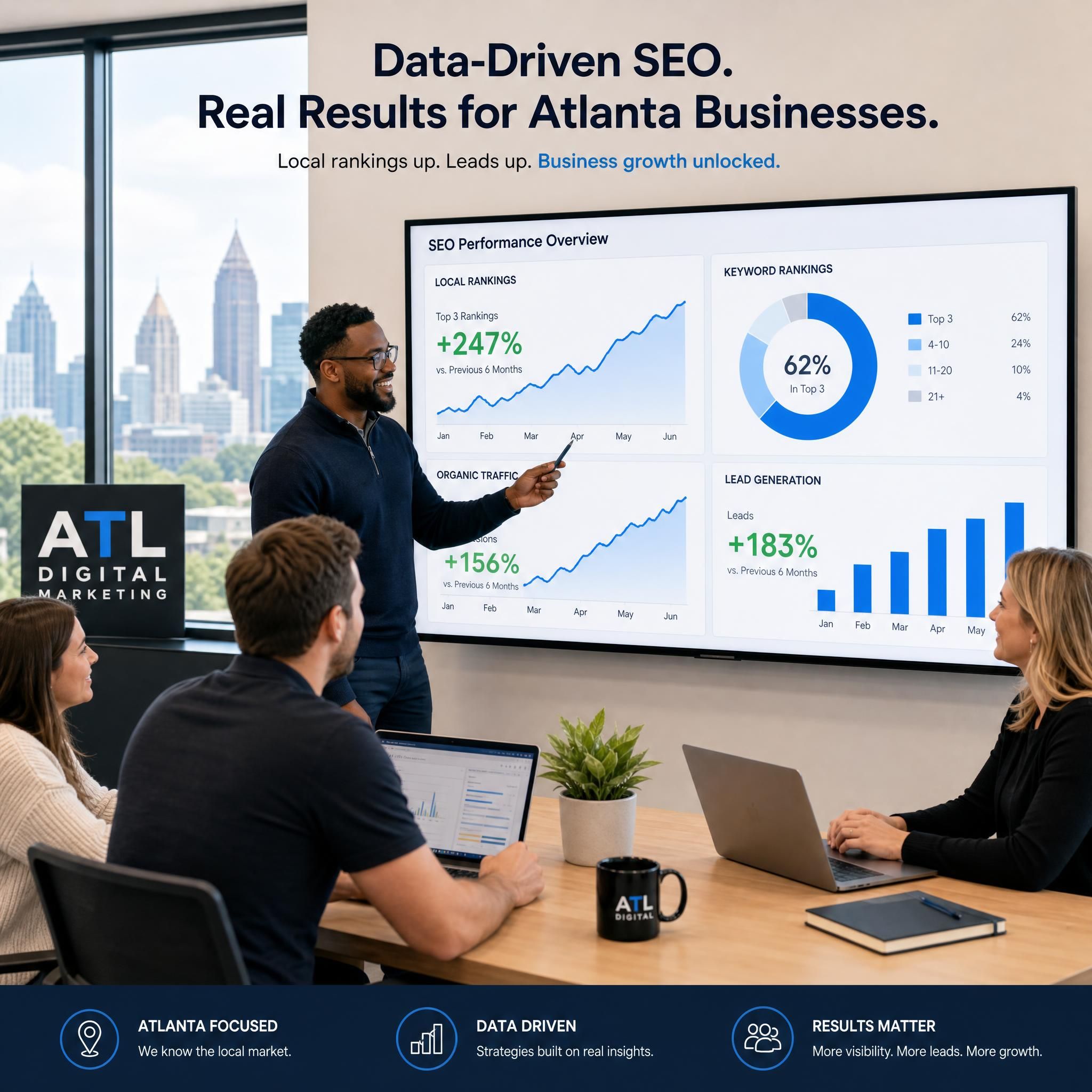 Atlanta digital marketing agency team reviewing SEO analytics dashboard showing local ranking improvements and lead generation metrics