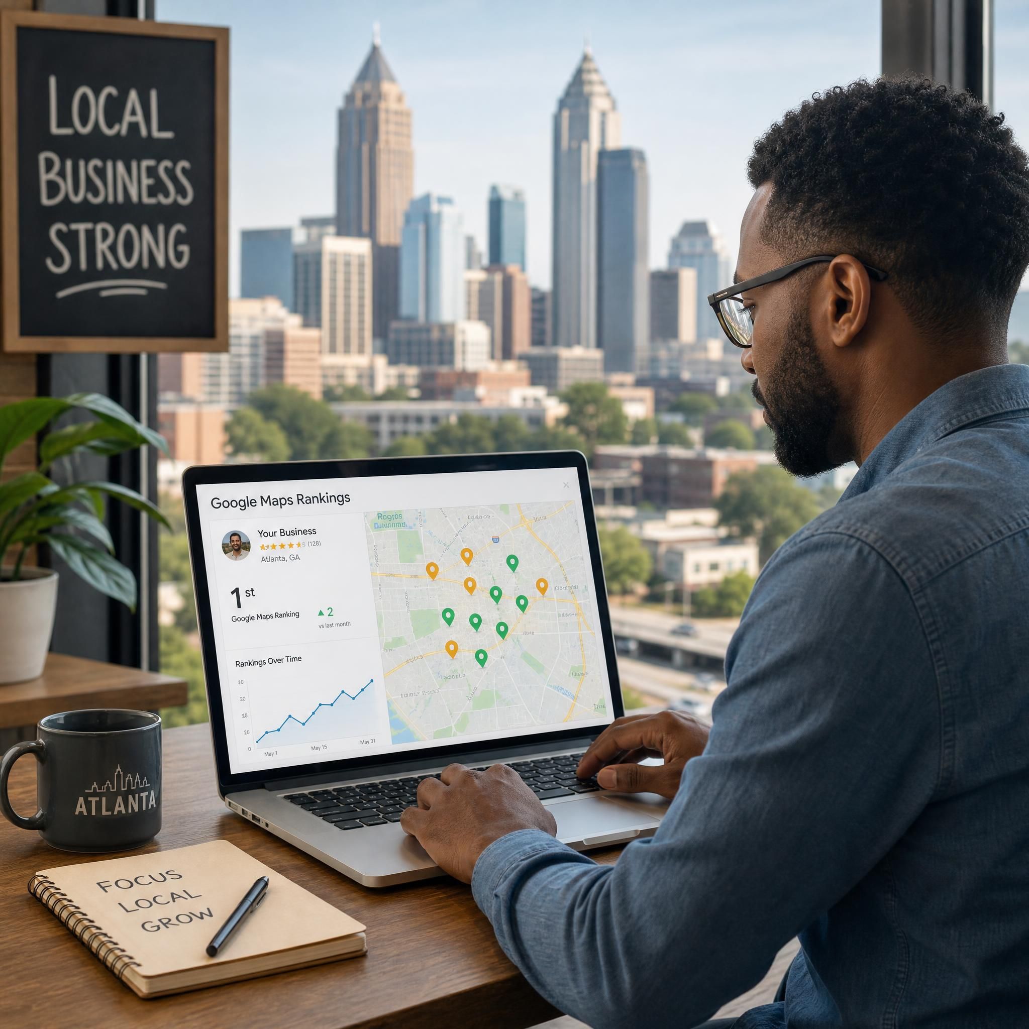 Atlanta small business owner reviewing Google Maps rankings on laptop with city skyline in background