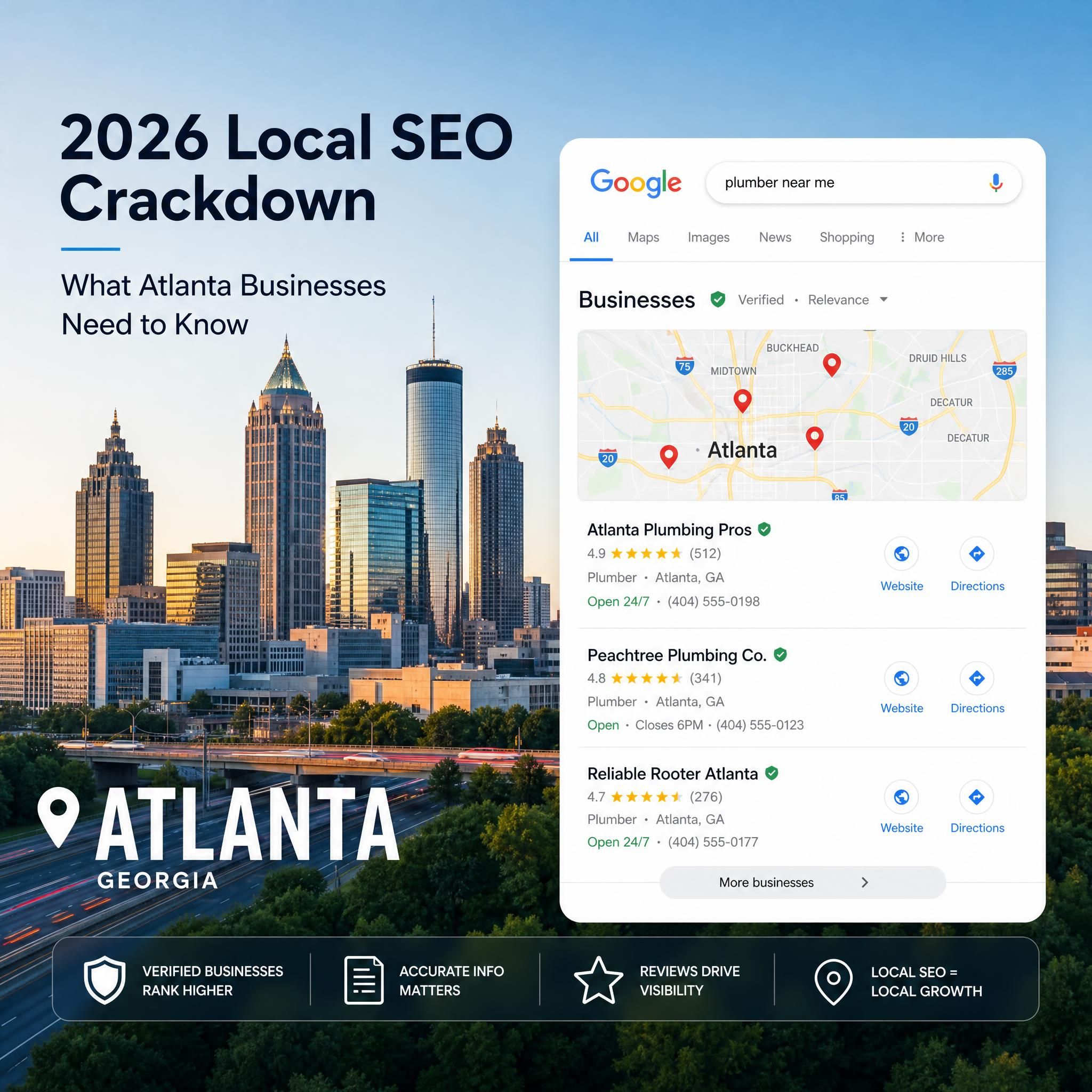 Atlanta skyline with Google Maps local pack overlay showing small business listings in 2026 local SEO crackdown