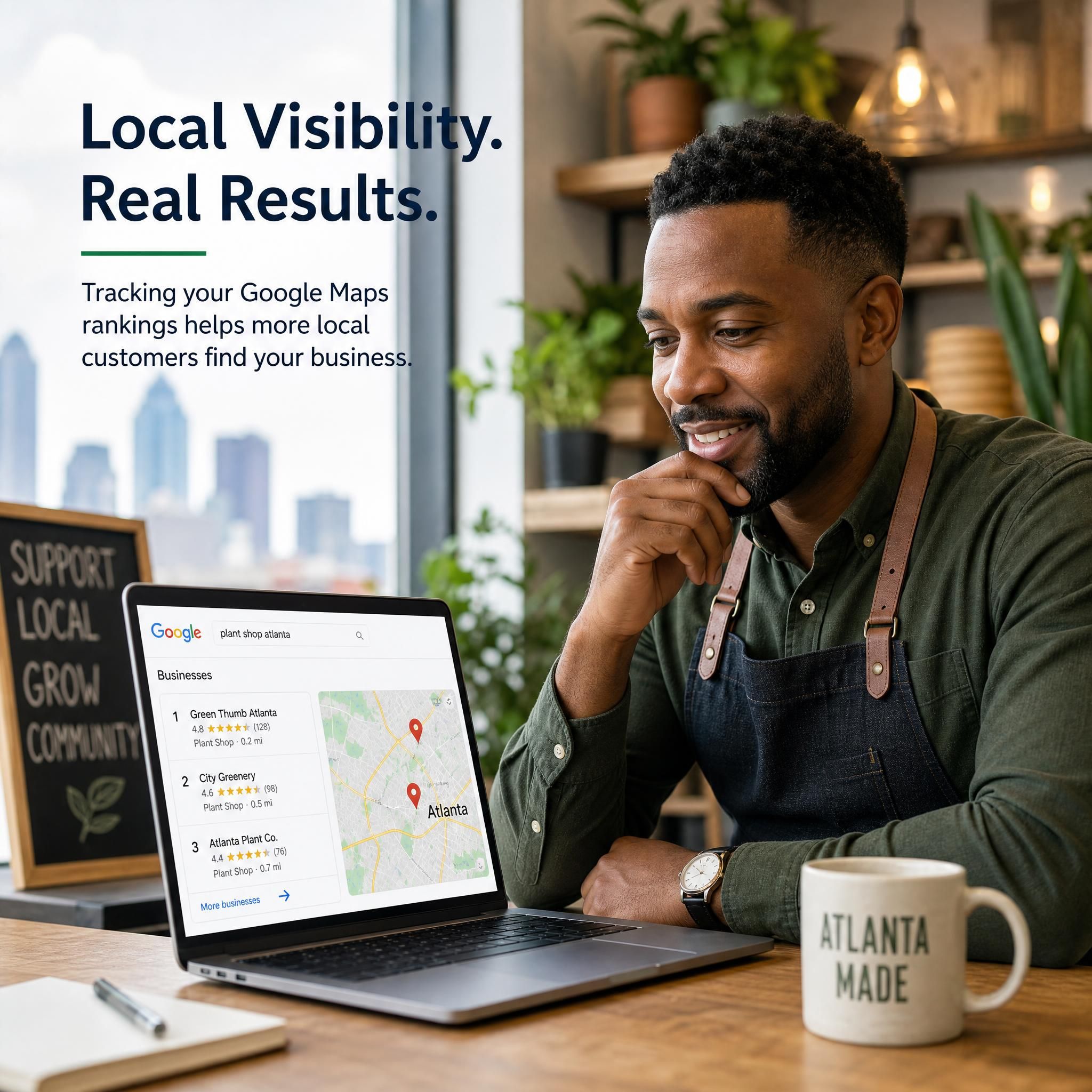Atlanta small business owner reviewing Google Maps ranking results on laptop in a local shop