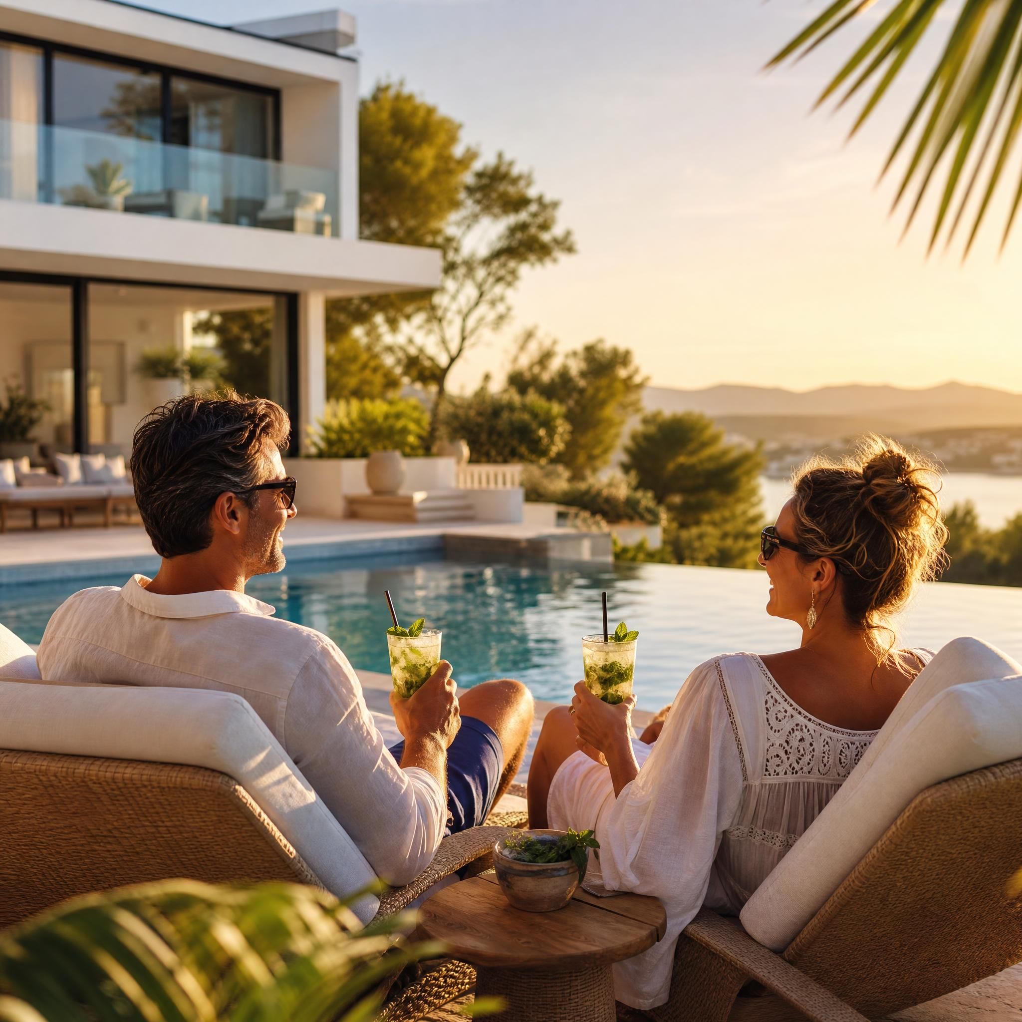 Couple détendu dans la quarantaine au bord de leur piscine, buvant des mojitos au soleil, lumière dorée d'été, atmosphère luxueuse et paisible, investissement immobilier passif