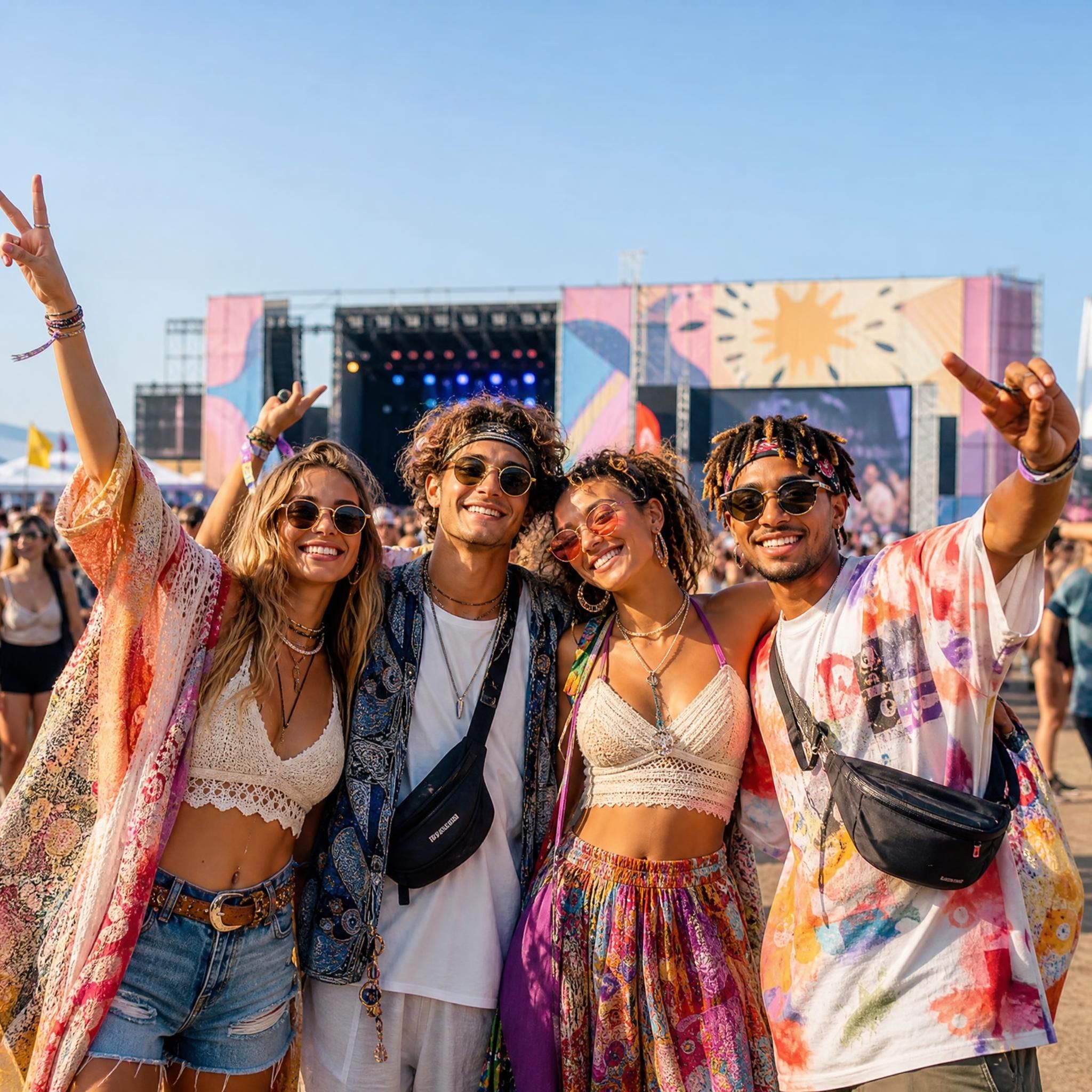 Groupe de jeunes festivaliers arborant des tenues bohème et streetwear colorées lors d'un festival de musique en plein air été 2026