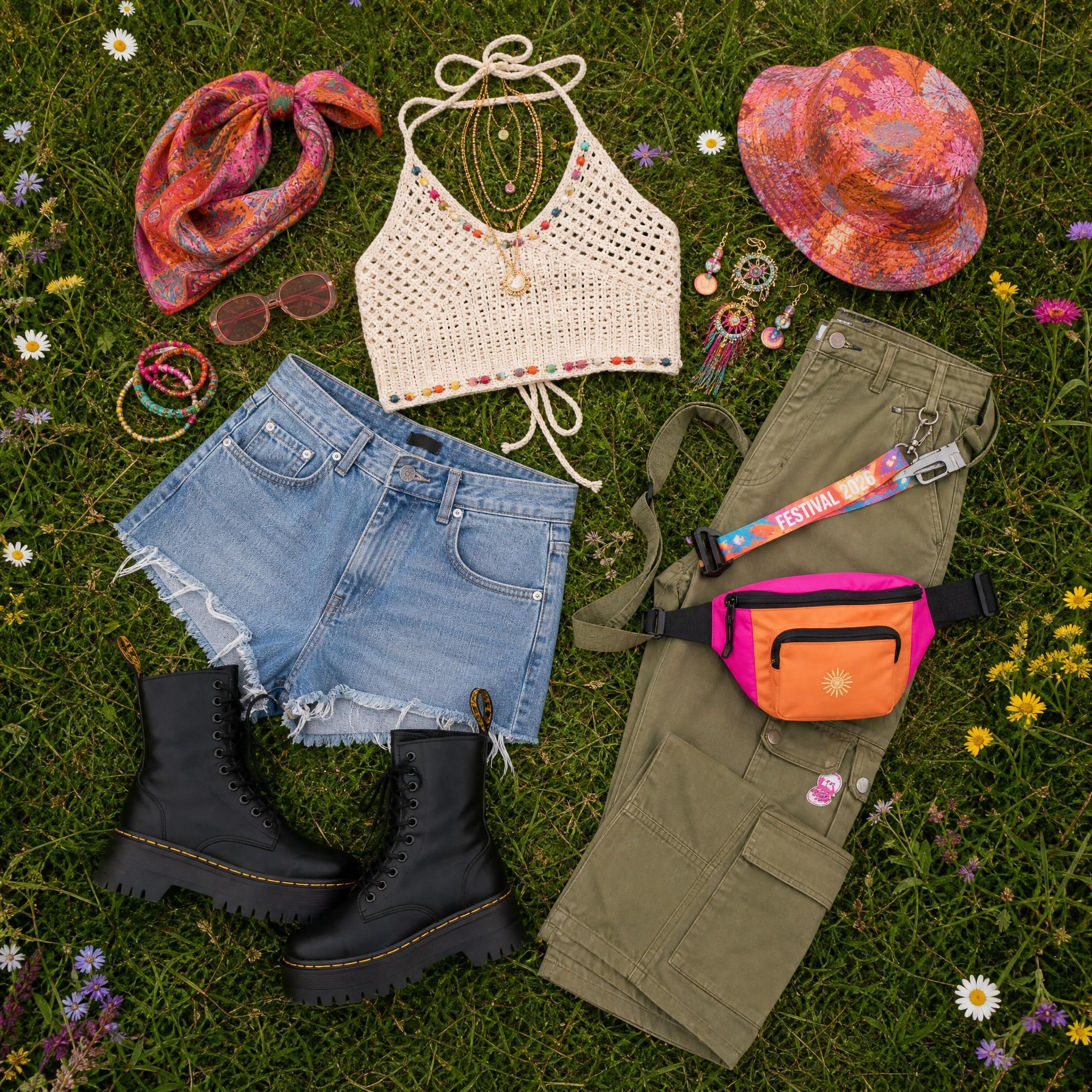 Flat lay de vêtements festival 2026 : short en jean, crop top en maille, cargo kaki, boots, banane et accessoires colorés sur fond de prairie